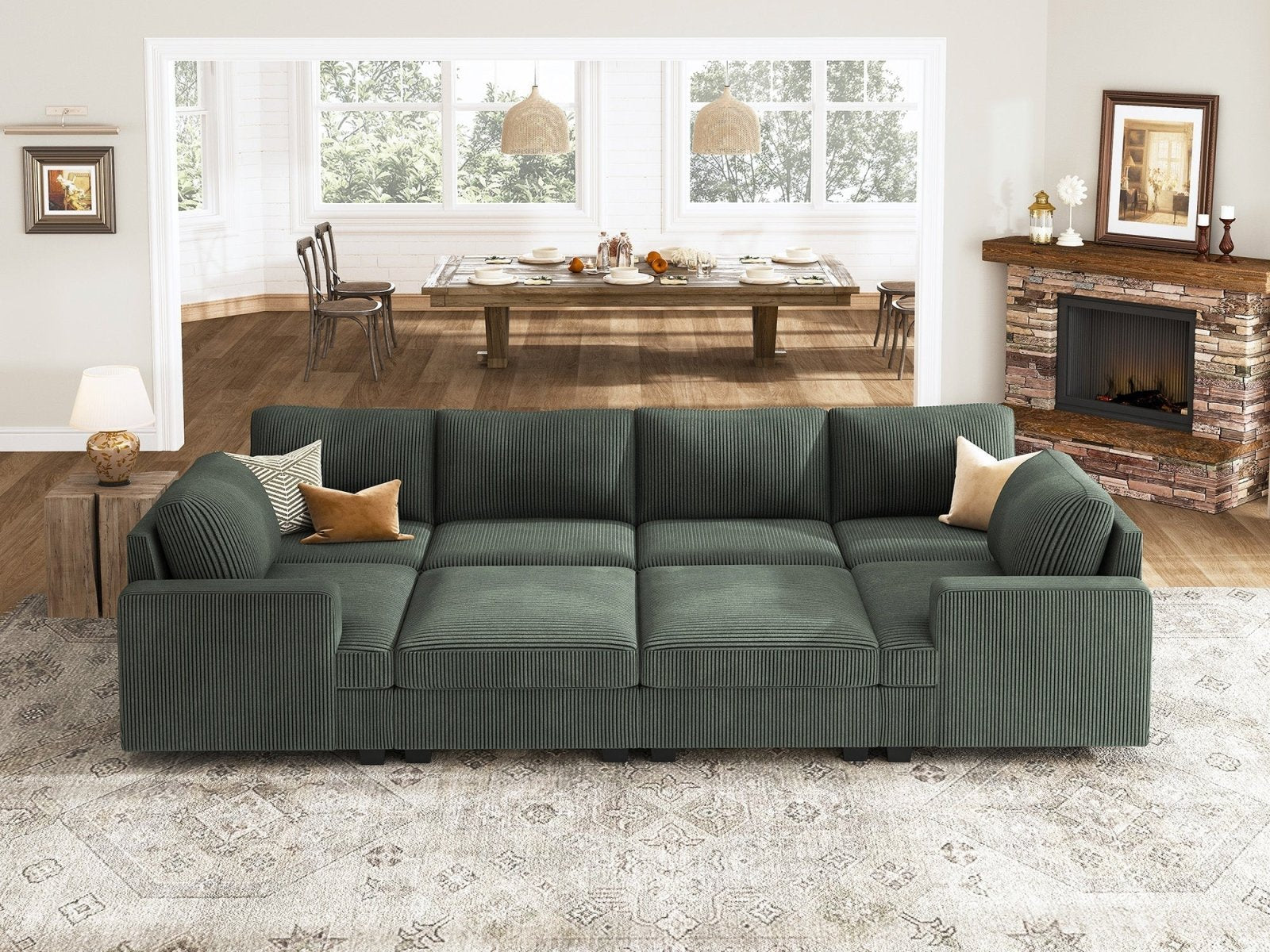 HONBAY 8-Piece Corduroy Modular Sleeper Sectional With Storage Ottoman #Color_Corduroy Green