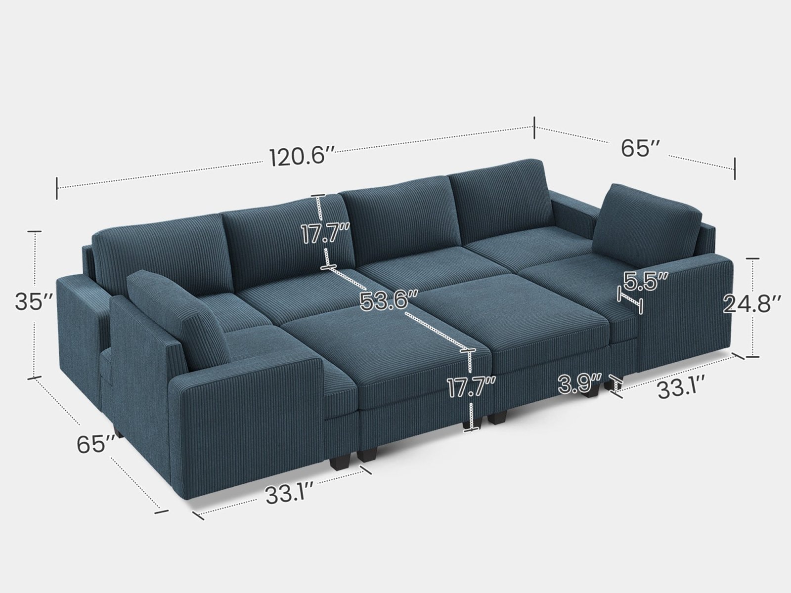 HONBAY 8-Piece Corduroy Modular Sleeper Sectional With Storage Ottoman #Color_Corduroy Blue
