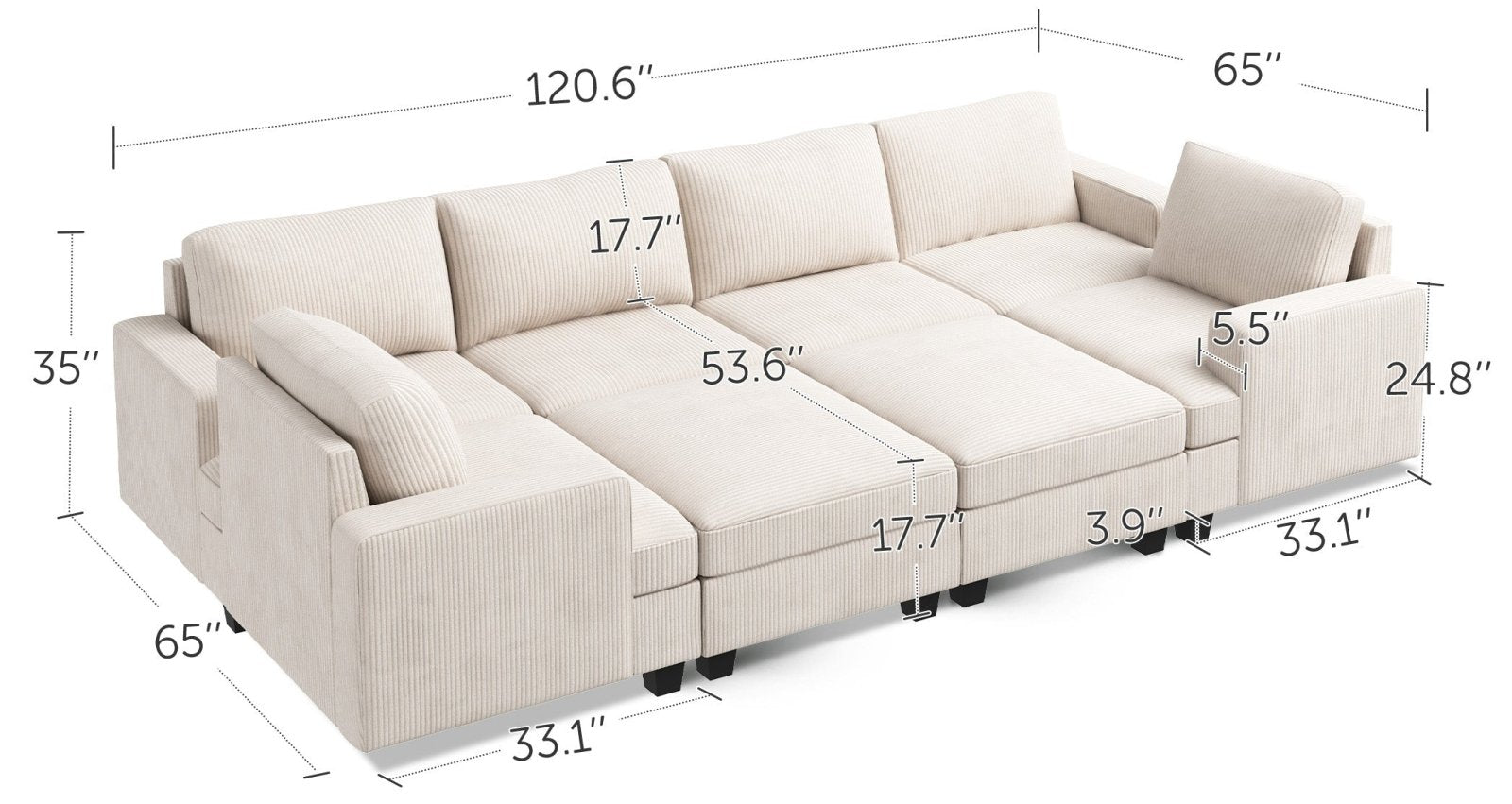 8-Piece Corduroy Modular Sleeper Sectional With Storage Ottoman With Dimensions
#Color_Corduroy Beige