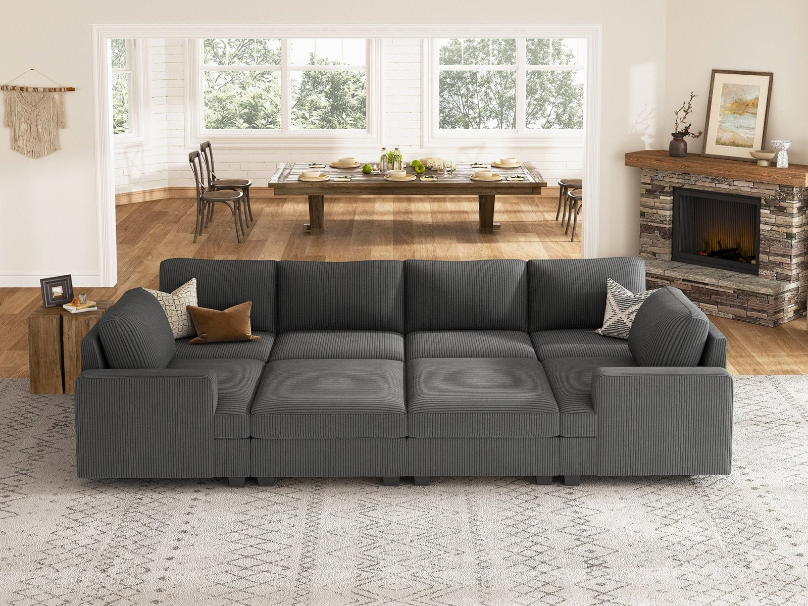 HONBAY 8-Piece Corduroy Modular Sleeper Sectional With Storage Ottoman #Color_Corduroy Grey