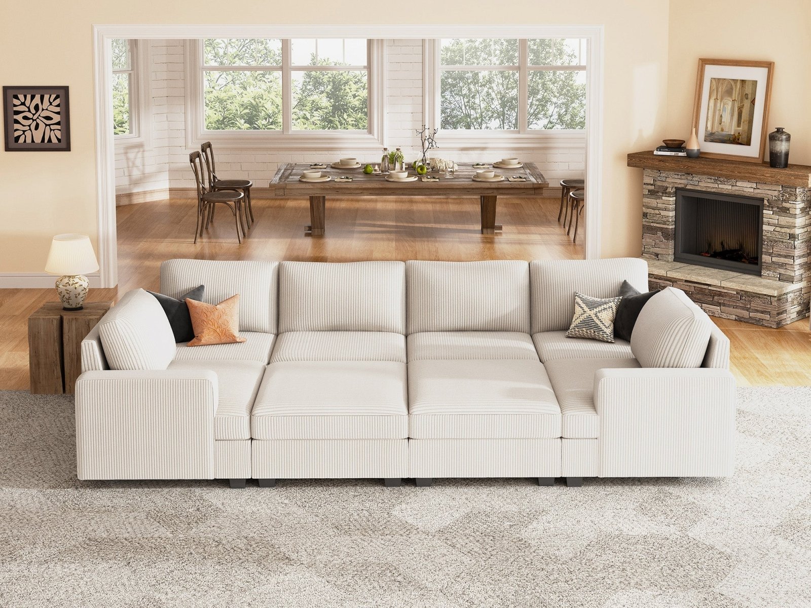 HONBAY 8-Piece Corduroy Modular Sleeper Sectional With Storage Ottoman #Color_Corduroy Beige