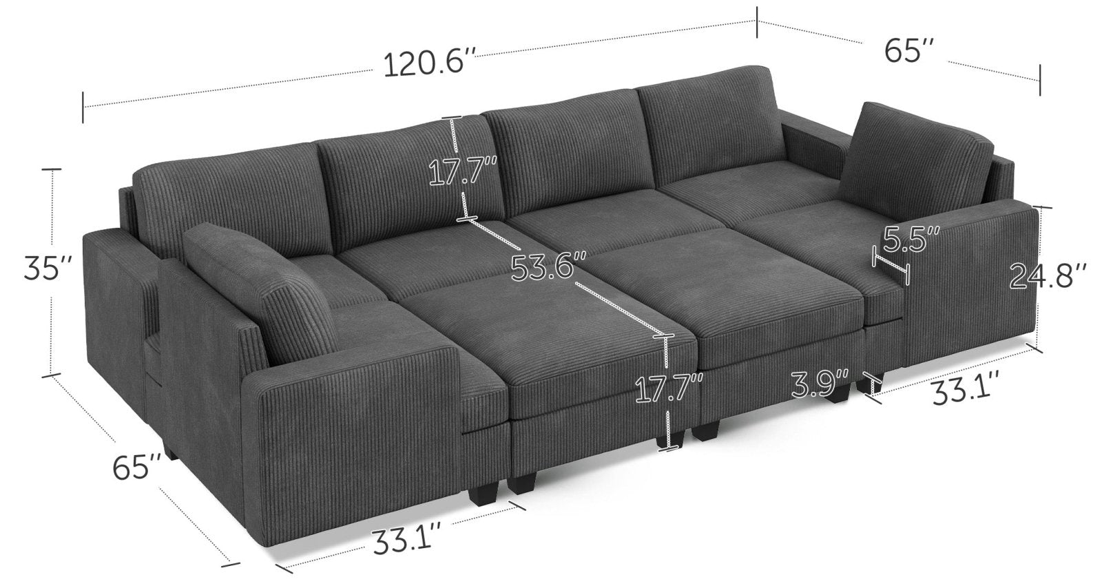 8-Piece Corduroy Modular Sleeper Sectional With Storage Ottoman With Dimensions
#Color_Corduroy Grey