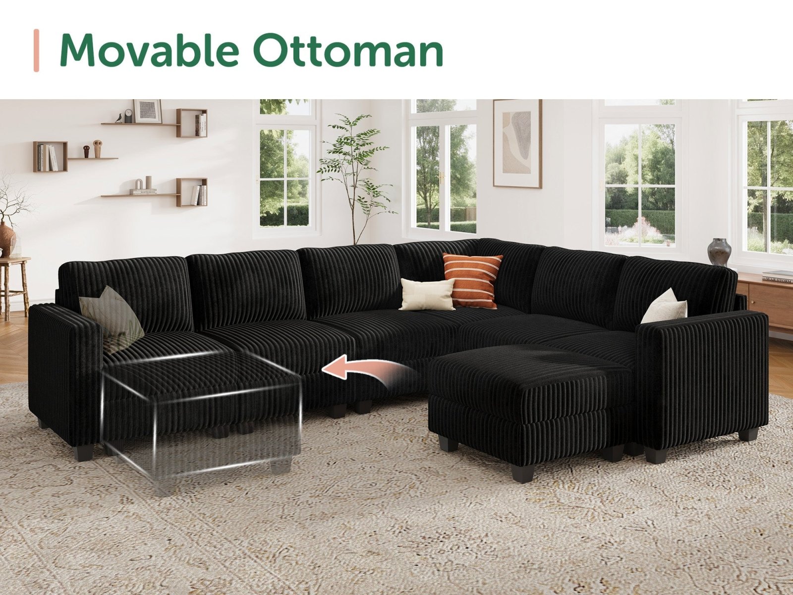 HONBAY 8-Piece Corduroy Modular U-Shaped Sectional Sofa With 2 Hidden Storage Ottoman
#Color_Corduroy Black