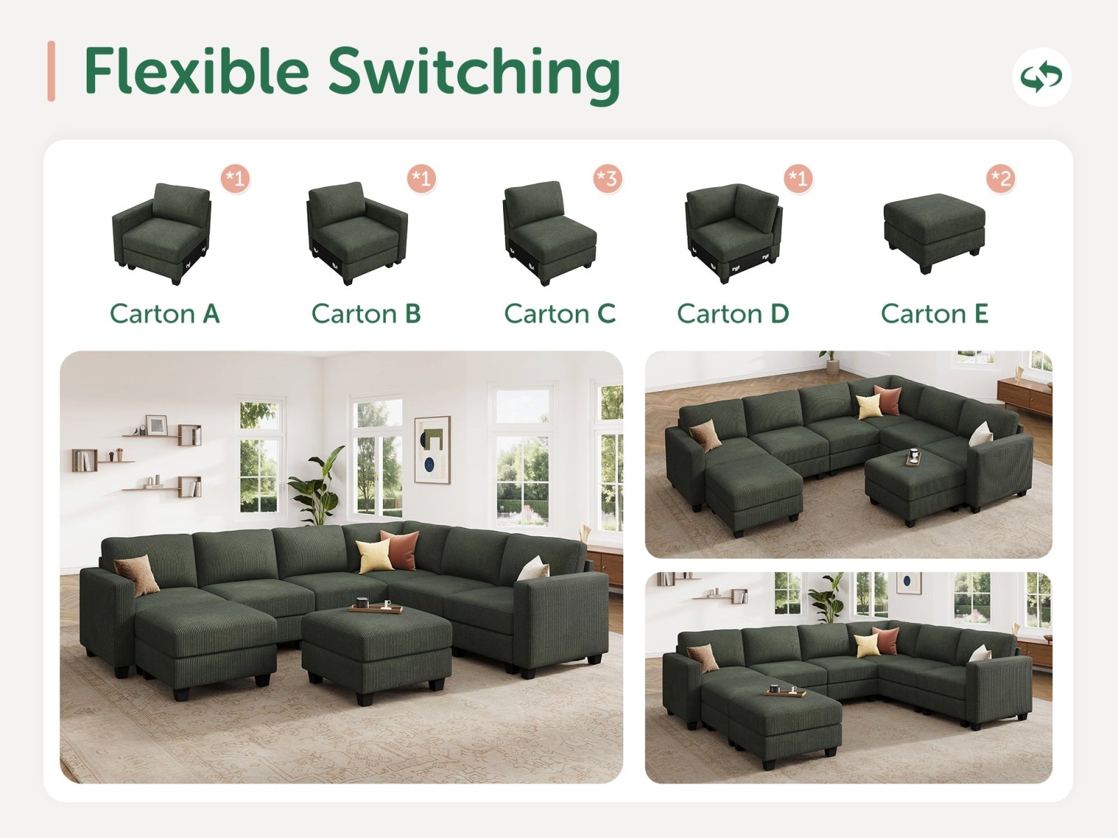 HONBAY 8-Piece Corduroy Modular U-Shaped Sectional Sofa With 2 Hidden Storage Ottoman
#Color_Corduroy Green
