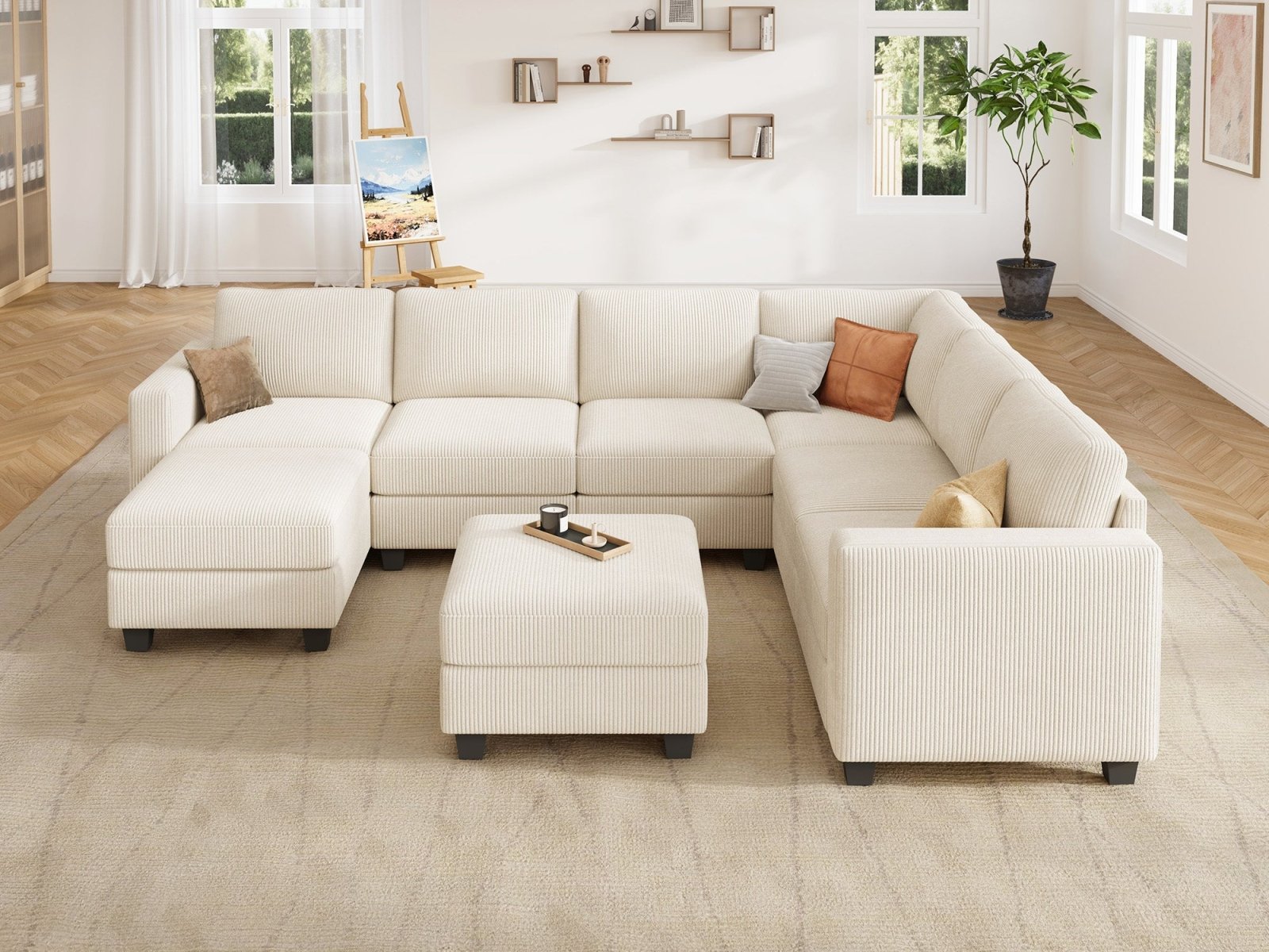 HONBAY 8-Piece Corduroy Modular U-Shaped Sectional Sofa With 2 Hidden Storage Ottoman
#Color_Corduroy Beige