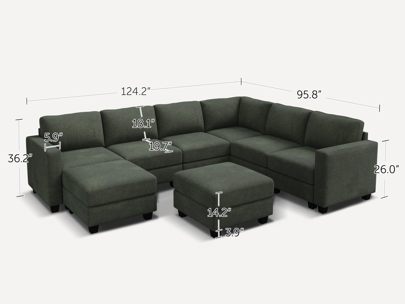 HONBAY 8-Piece Corduroy Modular U-Shaped Sectional Sofa With 2 Hidden Storage Ottoman
#Color_Corduroy Green