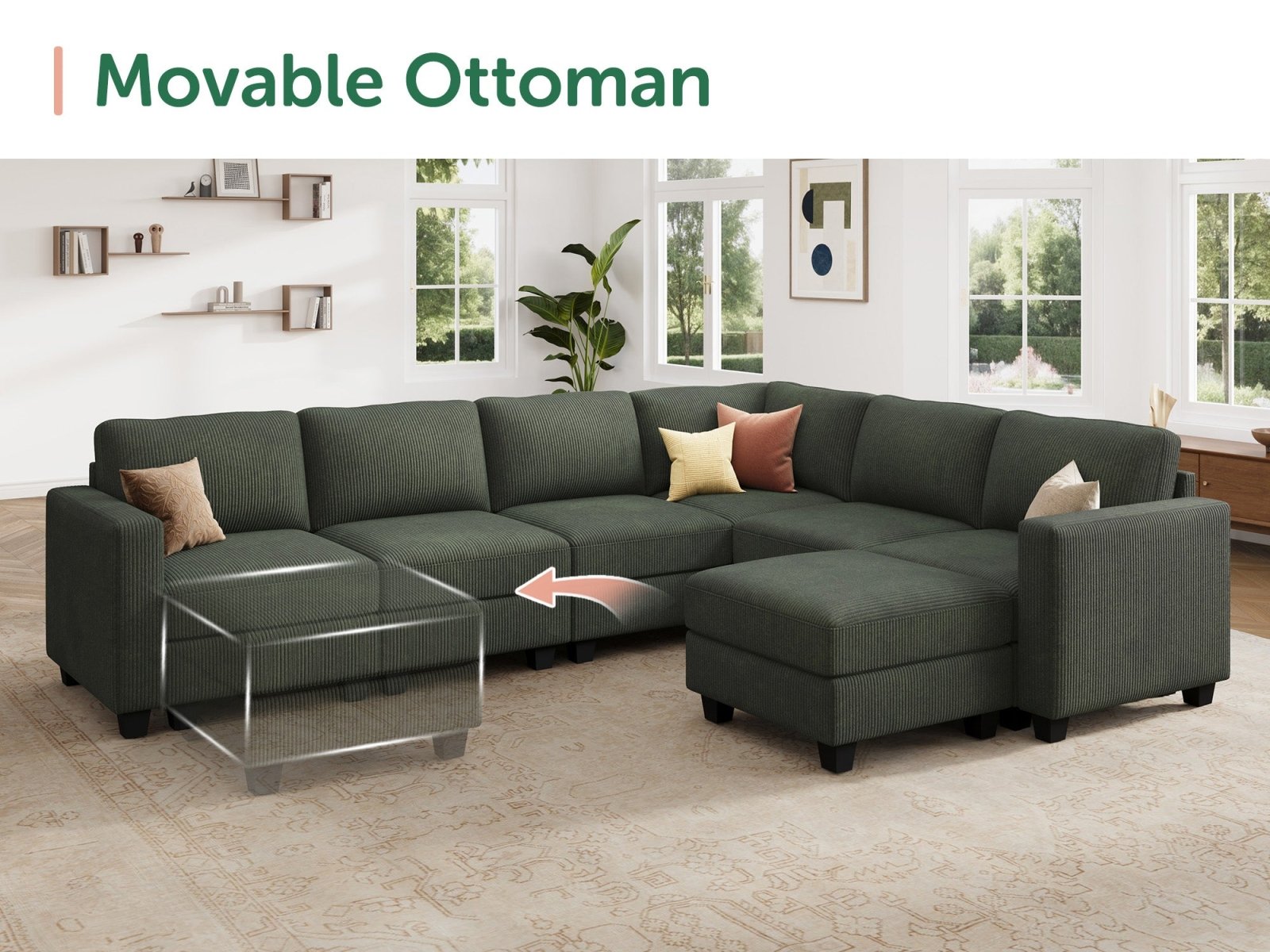 HONBAY 8-Piece Corduroy Modular U-Shaped Sectional Sofa With 2 Hidden Storage Ottoman
#Color_Corduroy Green