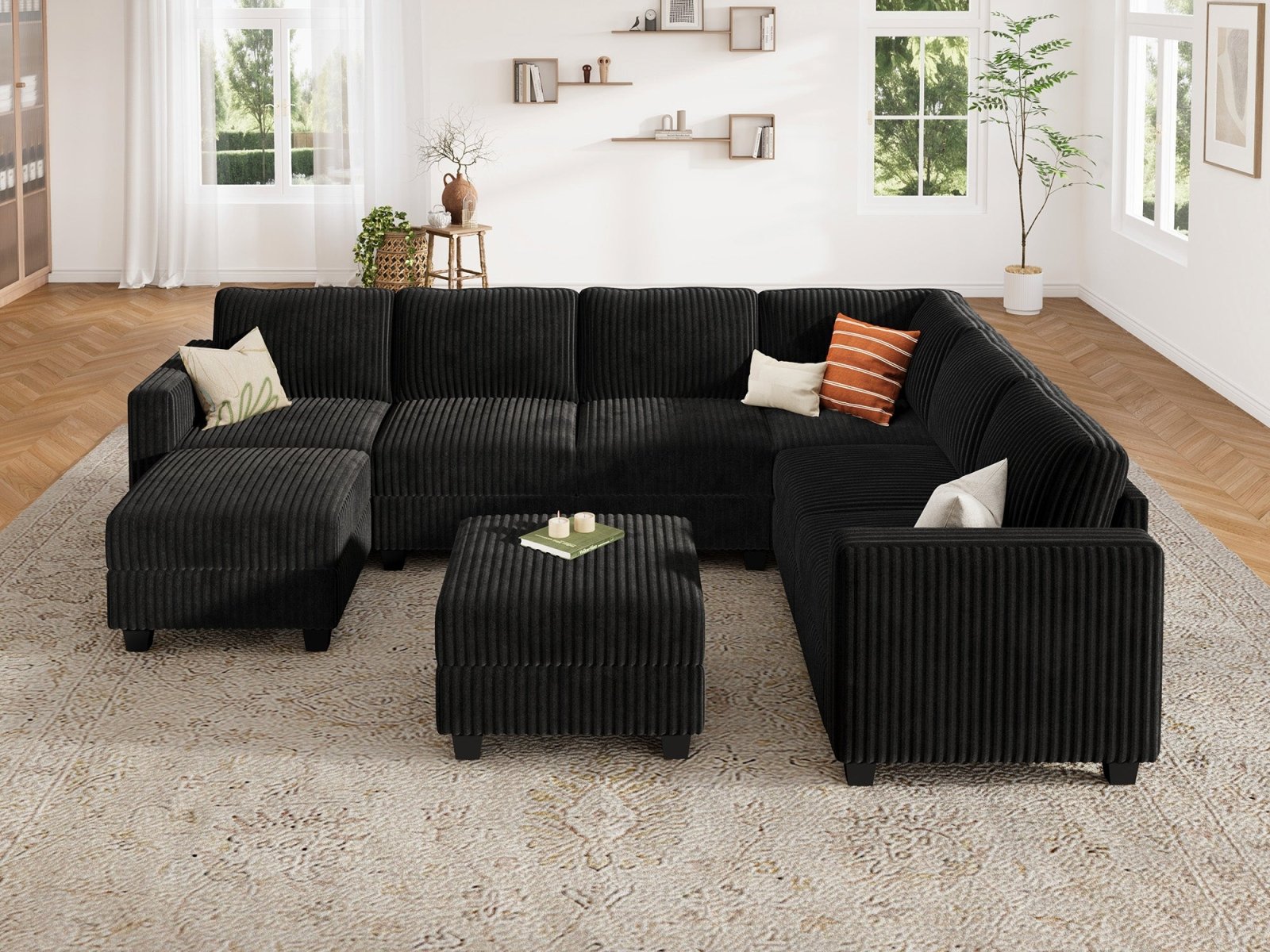 HONBAY 8-Piece Corduroy Modular U-Shaped Sectional Sofa With 2 Hidden Storage Ottoman
#Color_Corduroy Black