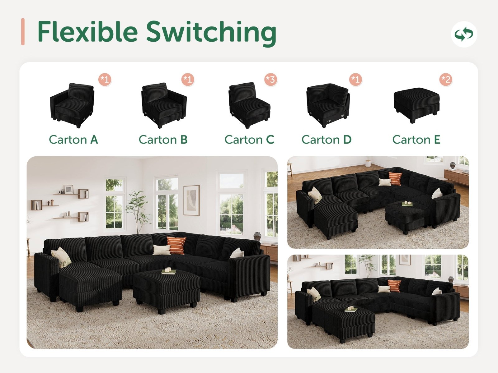 HONBAY 8-Piece Corduroy Modular U-Shaped Sectional Sofa With 2 Hidden Storage Ottoman
#Color_Corduroy Black