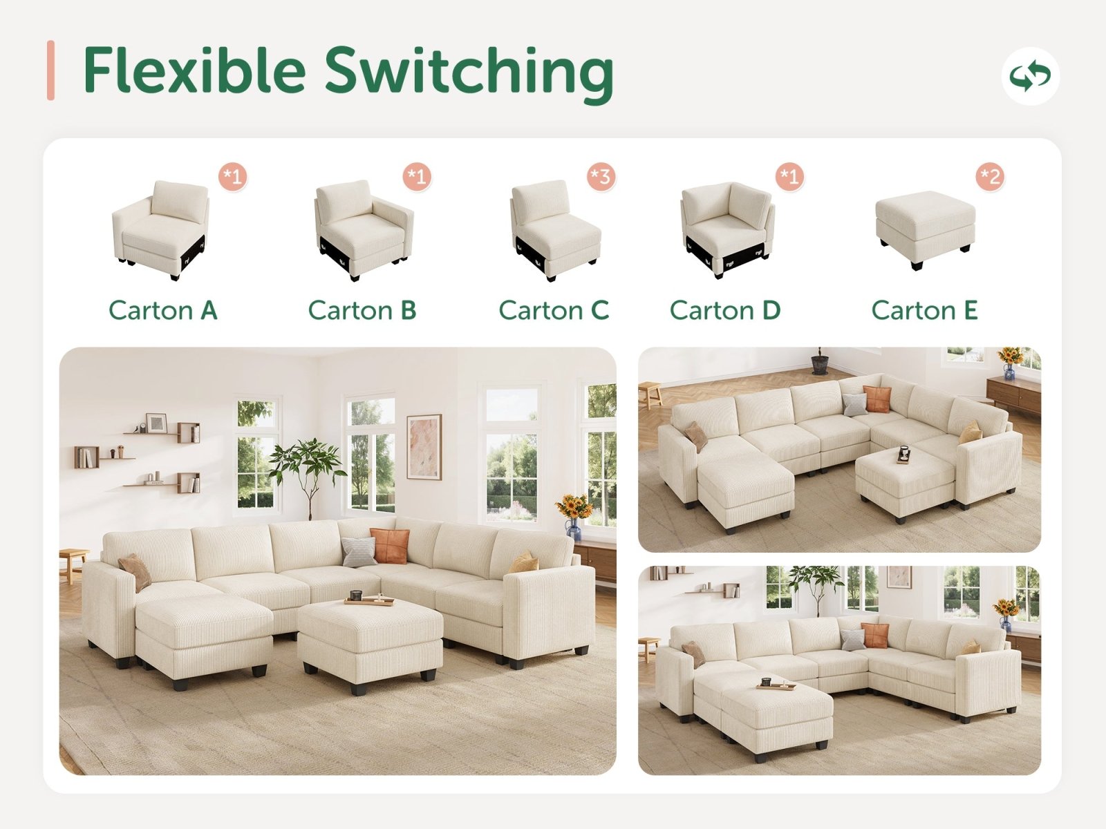 HONBAY 8-Piece Corduroy Modular U-Shaped Sectional Sofa With 2 Hidden Storage Ottoman
#Color_Corduroy Beige