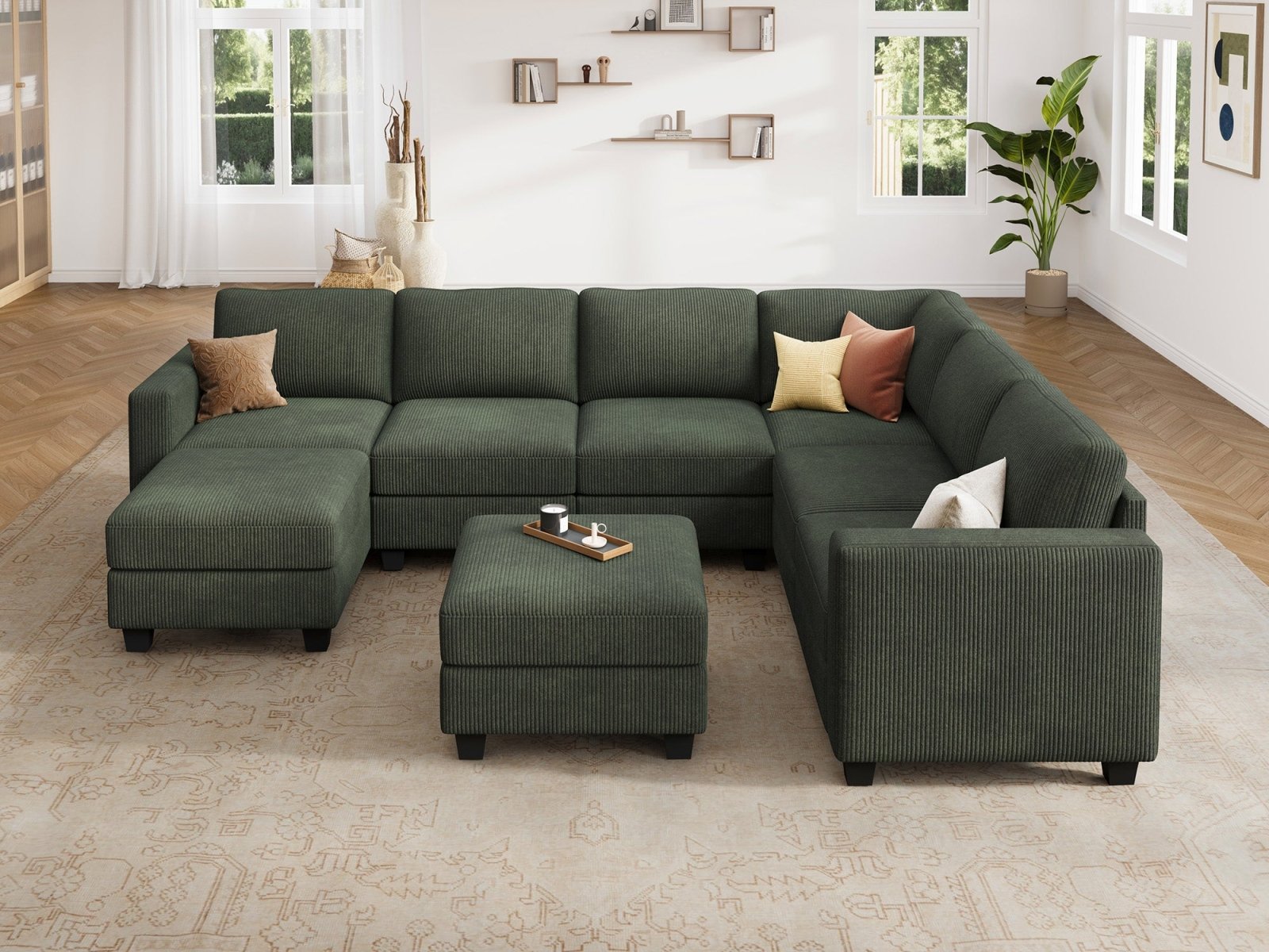 HONBAY 8-Piece Corduroy Modular U-Shaped Sectional Sofa With 2 Hidden Storage Ottoman
#Color_Corduroy Green