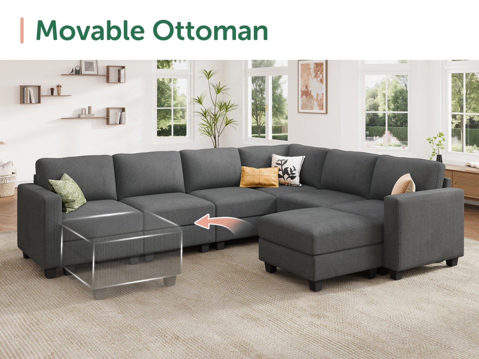 HONBAY 8-Piece Corduroy Modular U-Shaped Sectional Sofa With 2 Hidden Storage Ottoman
#Color_Corduroy Grey