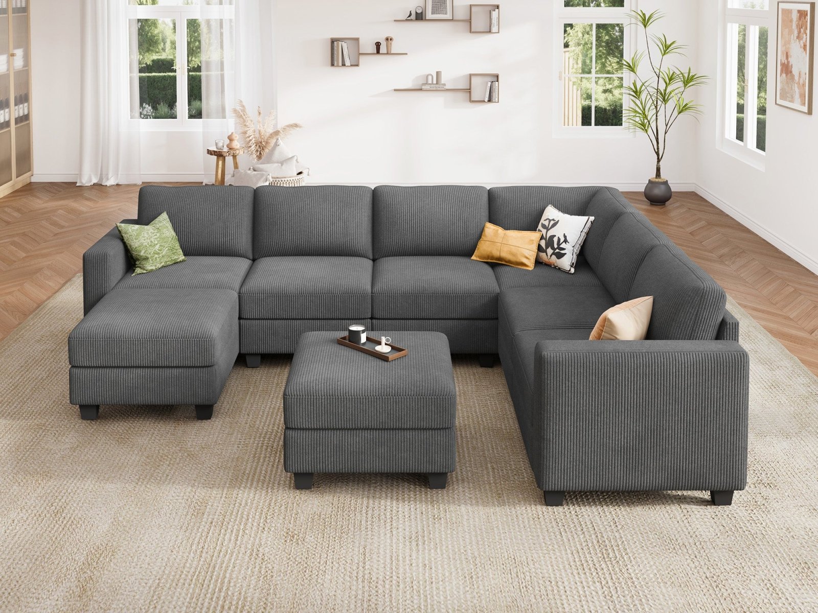HONBAY 8-Piece Corduroy Modular U-Shaped Sectional Sofa With 2 Hidden Storage Ottoman
#Color_Corduroy Grey