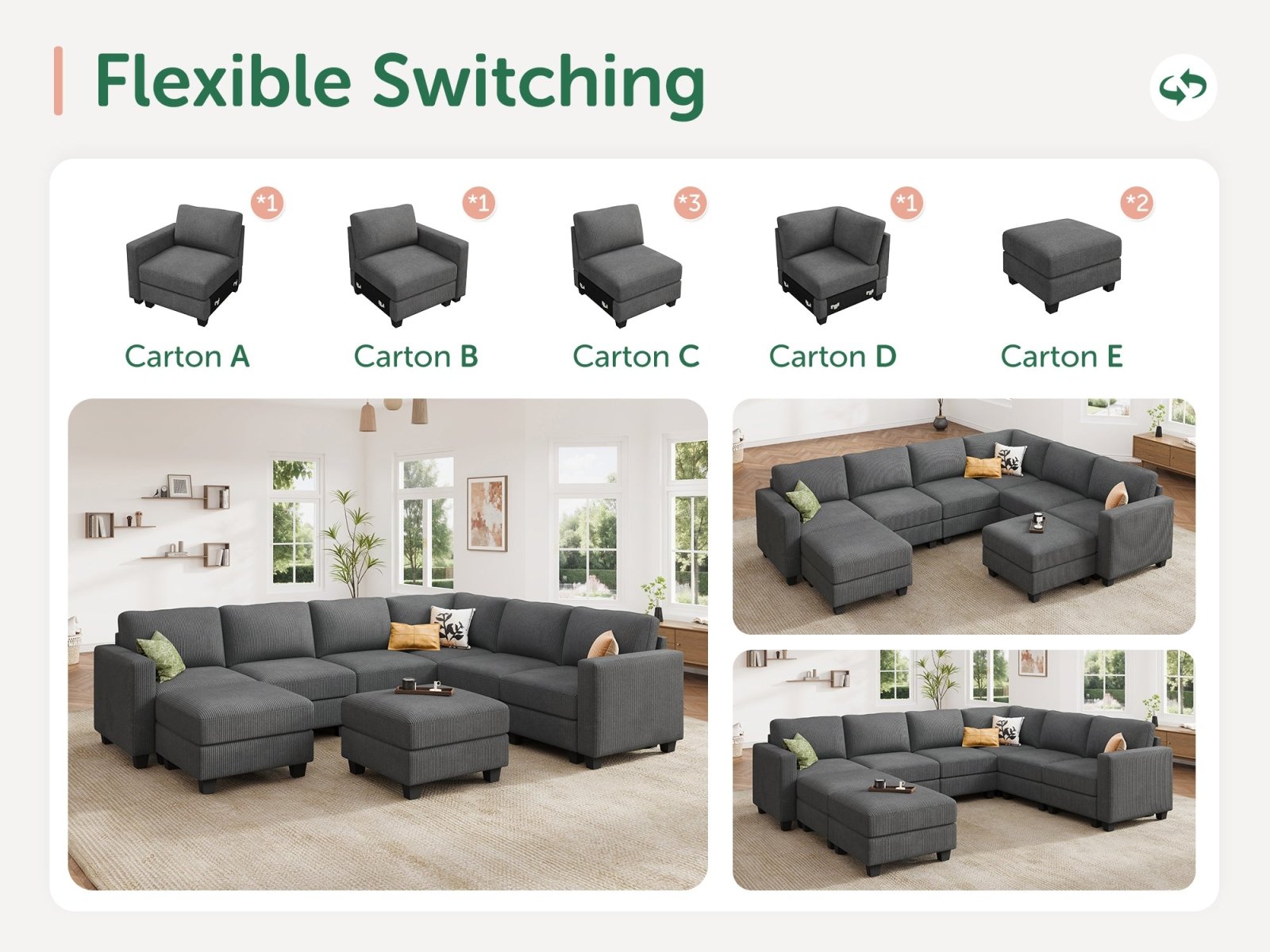 HONBAY 8-Piece Corduroy Modular U-Shaped Sectional Sofa With 2 Hidden Storage Ottoman
#Color_Corduroy Grey