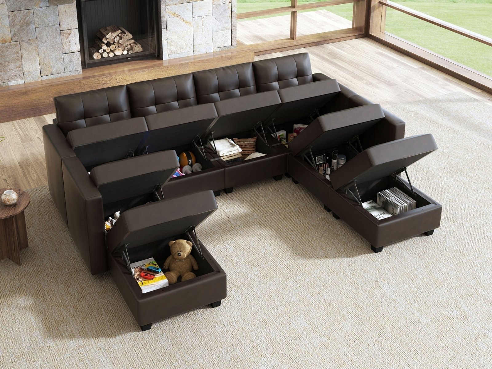 HONBAY 8-Piece Faux Leather Modular Sectional Sofa With Storage Seat