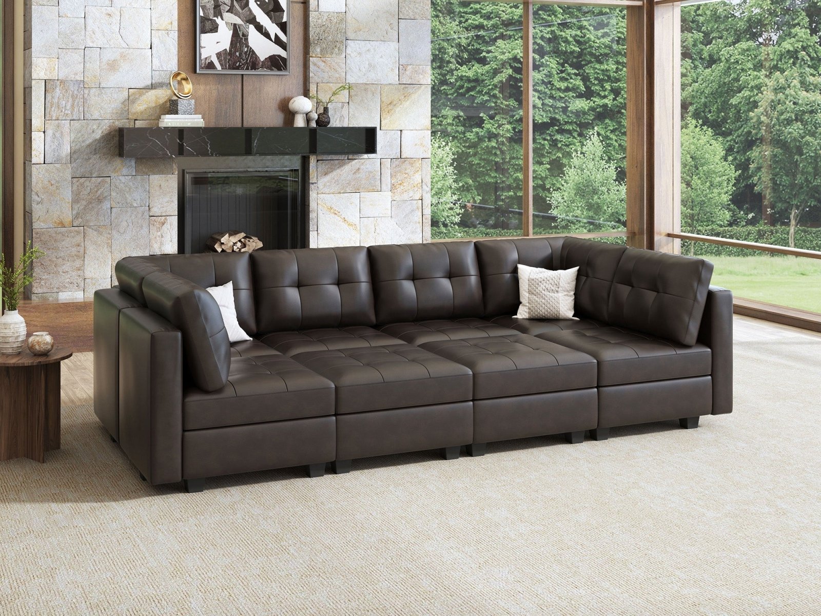 HONBAY 8-Piece Faux Leather Modular Sleeper Sectional Sofa With Storage Seat