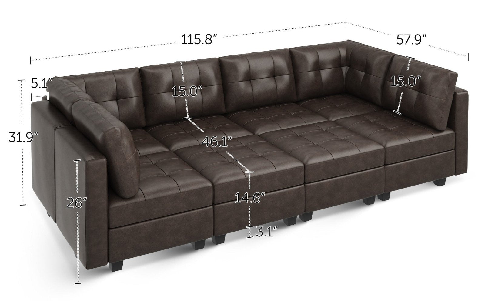 8-Piece Faux Leather Modular Sleeper Sectional With Storage Seat With Dimensions