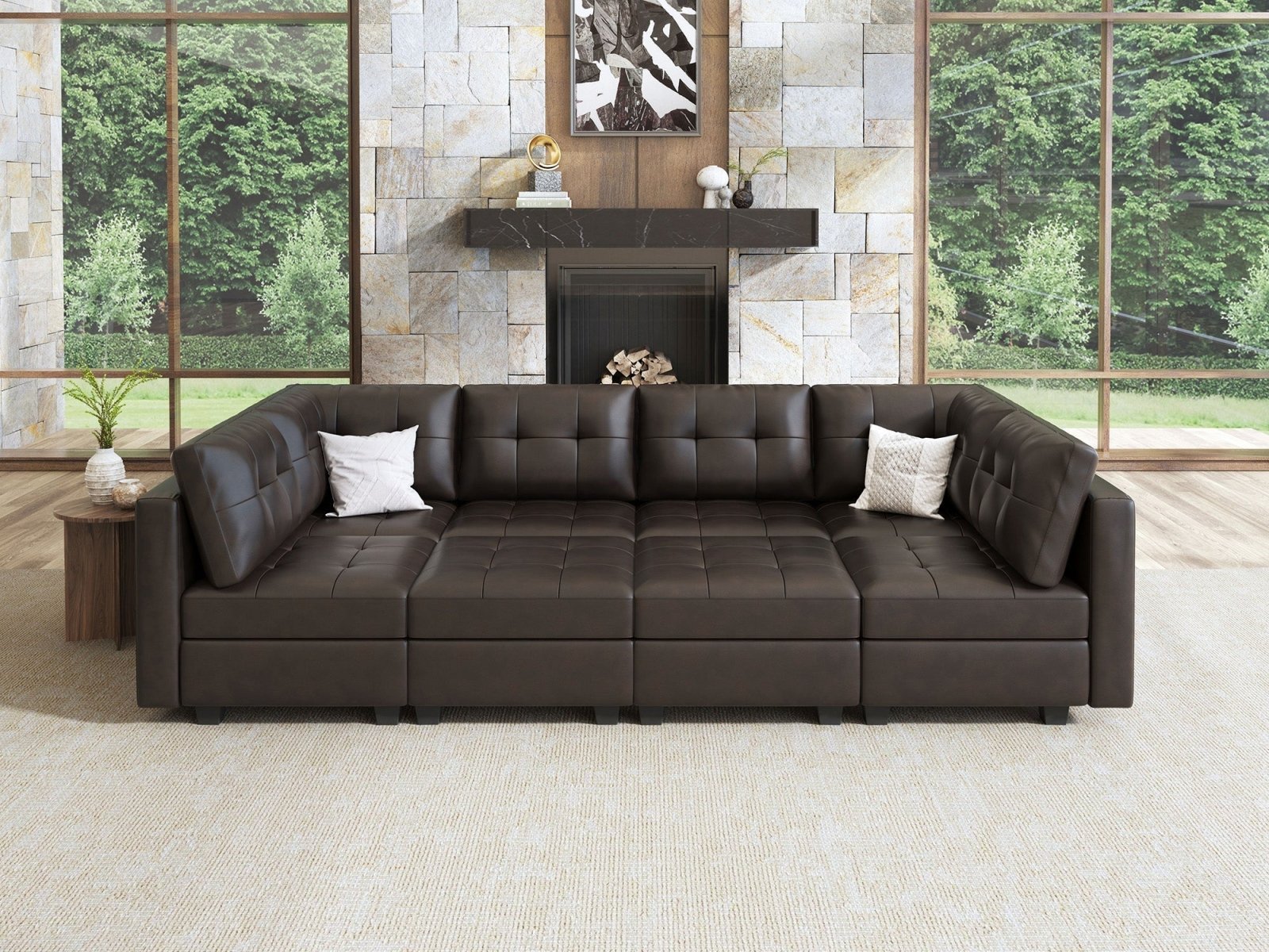 HONBAY 8-Piece Faux Leather Modular Sleeper Sectional Sofa With Storage Seat