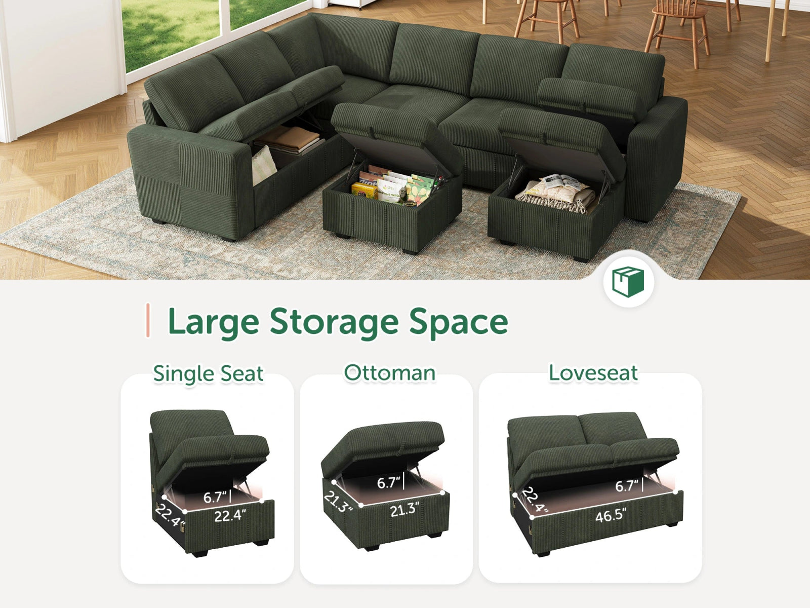 8-Piece Corduroy U-Shaped Sleeper Sectional
#Color_Corduroy Green
