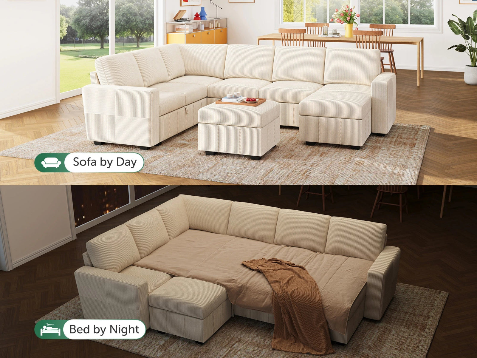 8-Piece Corduroy U-Shaped Sleeper Sectional
#Color_Corduroy Beige
