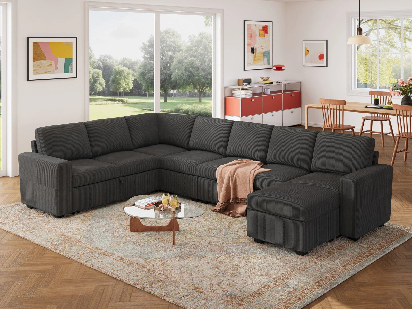 8-Piece Oversized U-Shaped Corduroy Pull-Out Sleeper
#Color_Corduroy Grey