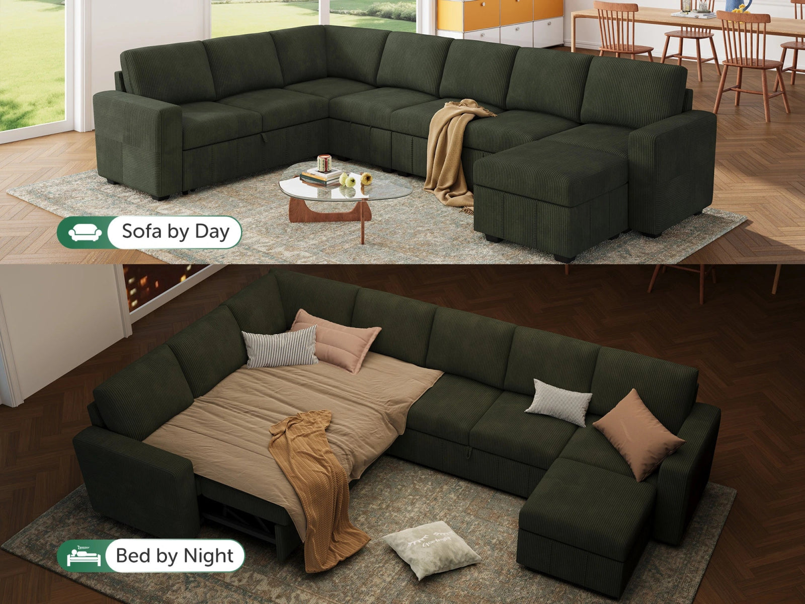 8-Piece Oversized U-Shaped Corduroy Pull-Out Sleeper
#Color_Corduroy Green