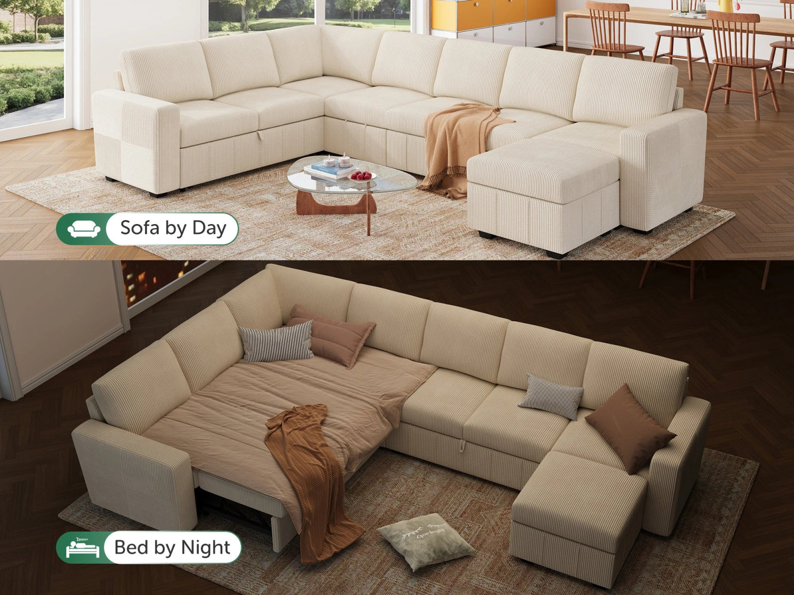 8-Piece Oversized U-Shaped Corduroy Pull-Out Sleeper
#Color_Corduroy Beige