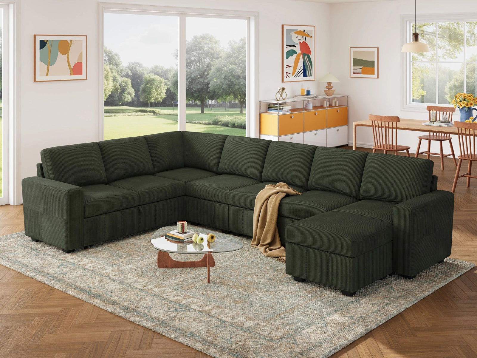 8-Piece Oversized U-Shaped Corduroy Pull-Out Sleeper
#Color_Corduroy Green