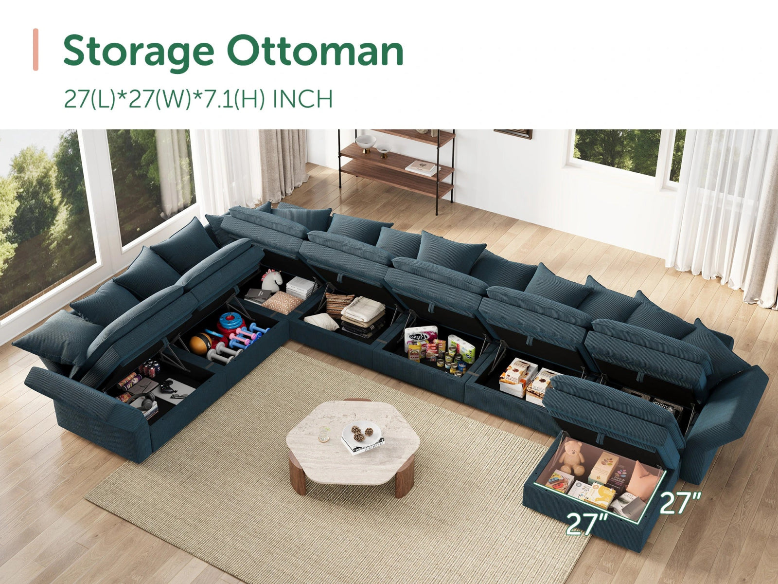 HONBAY 8-Piece Plush double-layer Cushion Corduroy Modular U-Shaped Sectional Cloud Sofa
#Color_Corduroy Blue