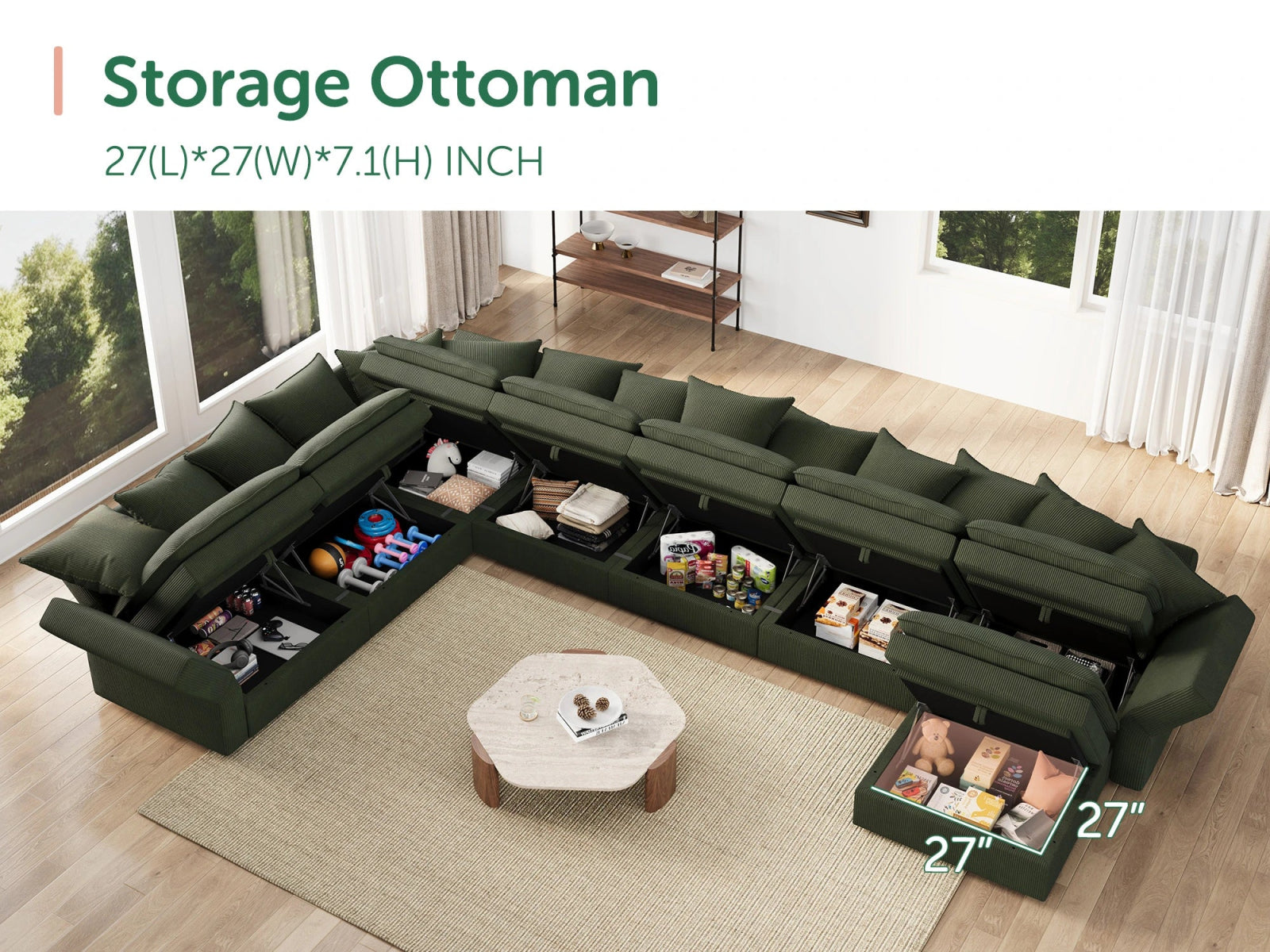 HONBAY 8-Piece Plush double-layer Cushion Corduroy Modular U-Shaped Sectional Cloud Sofa
#Color_Corduroy Green