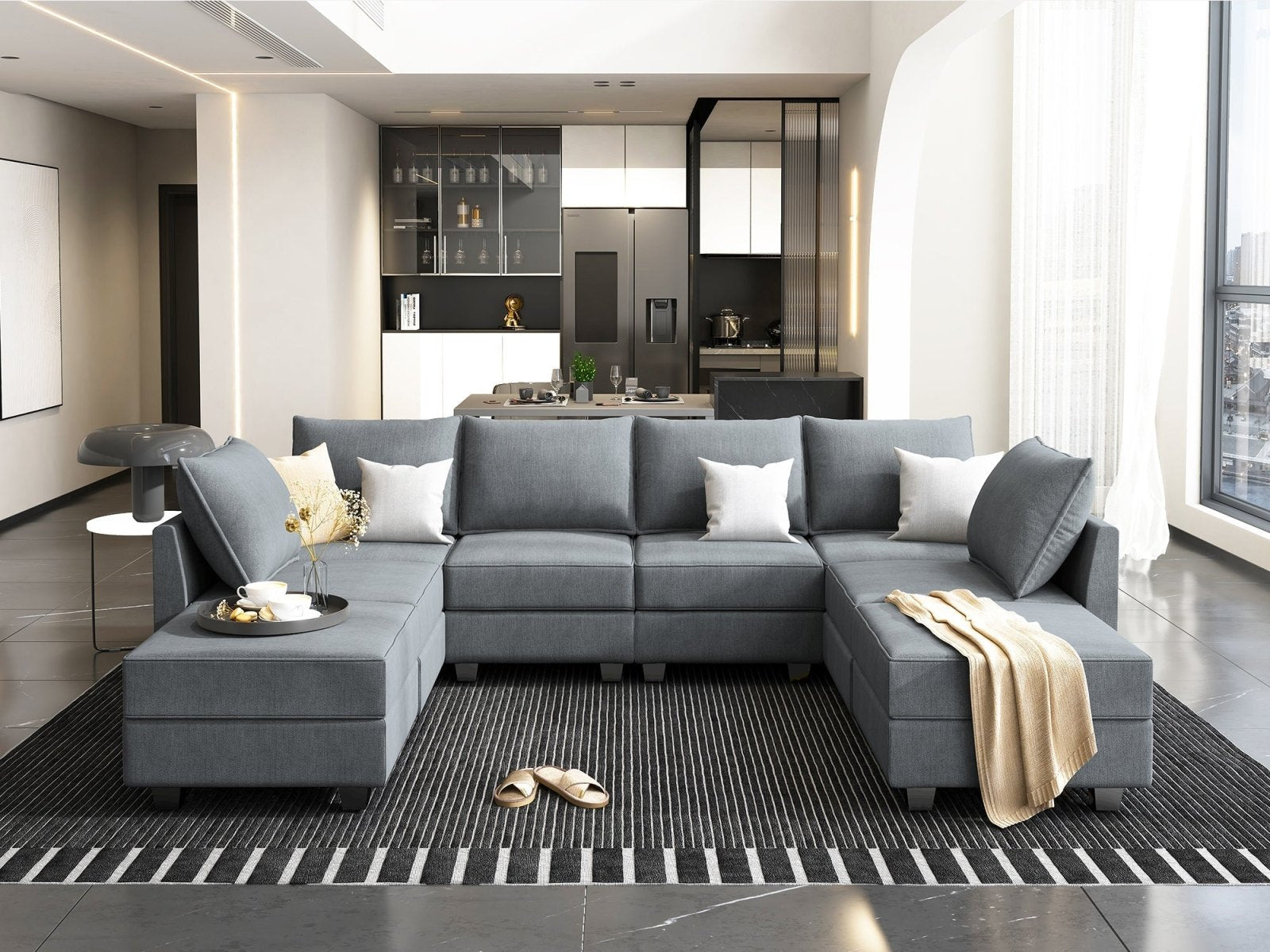 HONBAY Polyester 112.6'' Wide 6-Seater Modular Sectional Sofa Bed Couch with Storage Ottoman#Color_Bluish Grey