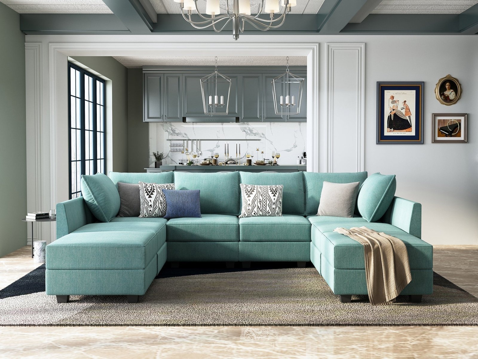 HONBAY Polyester 112.6'' Wide 6-Seater Modular Sectional Sofa Bed Couch with Storage Ottoman#Color_Aqua Blue