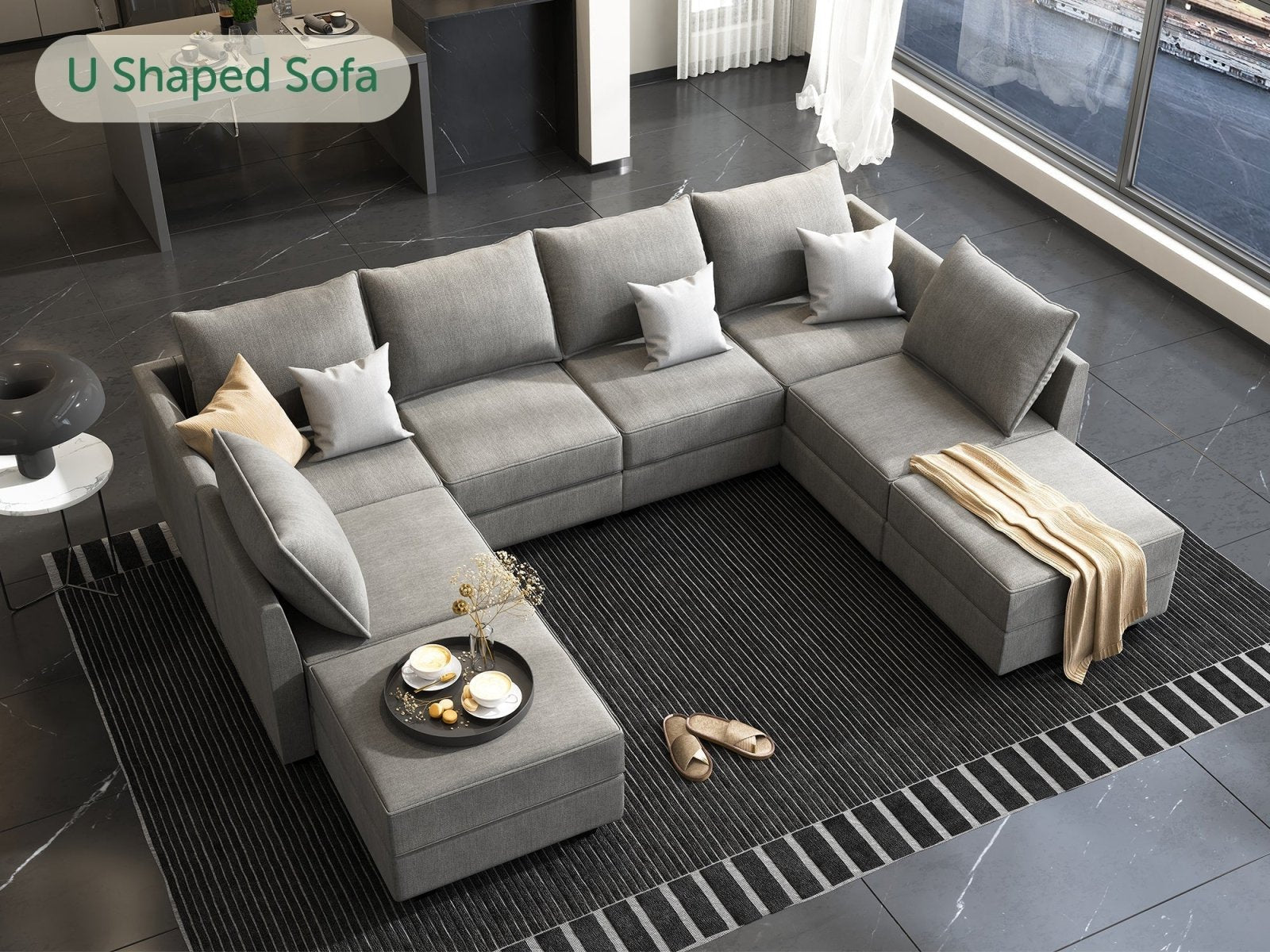 HONBAY Polyester 112.6'' Wide 6-Seater Modular Sectional Sofa Bed Couch with Storage Ottoman#Color_Grey