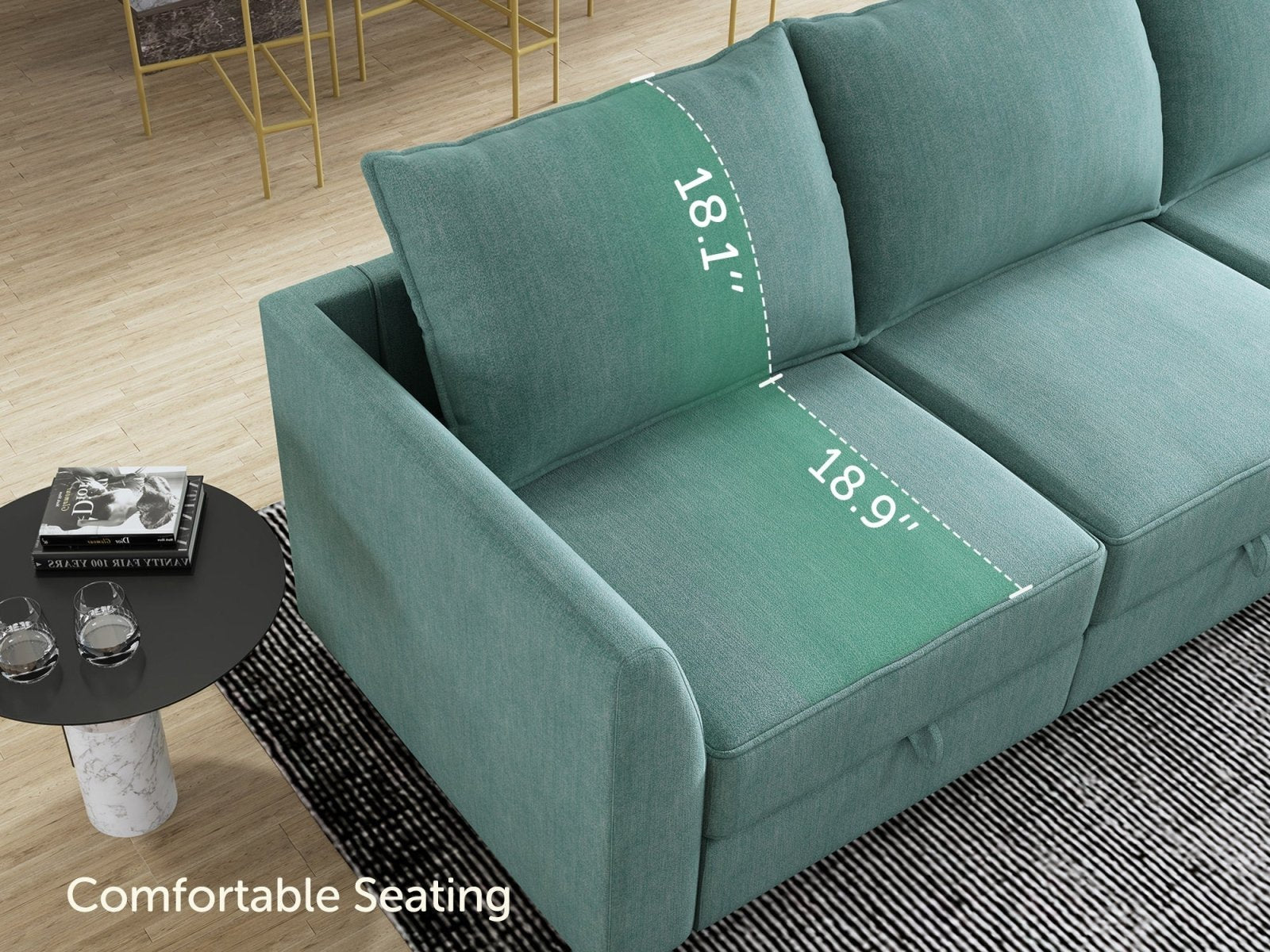 HONBAY Polyester 112.6'' Wide 6-Seater Modular Sectional Sofa Bed Couch with Storage Ottoman#Color_Aqua Blue