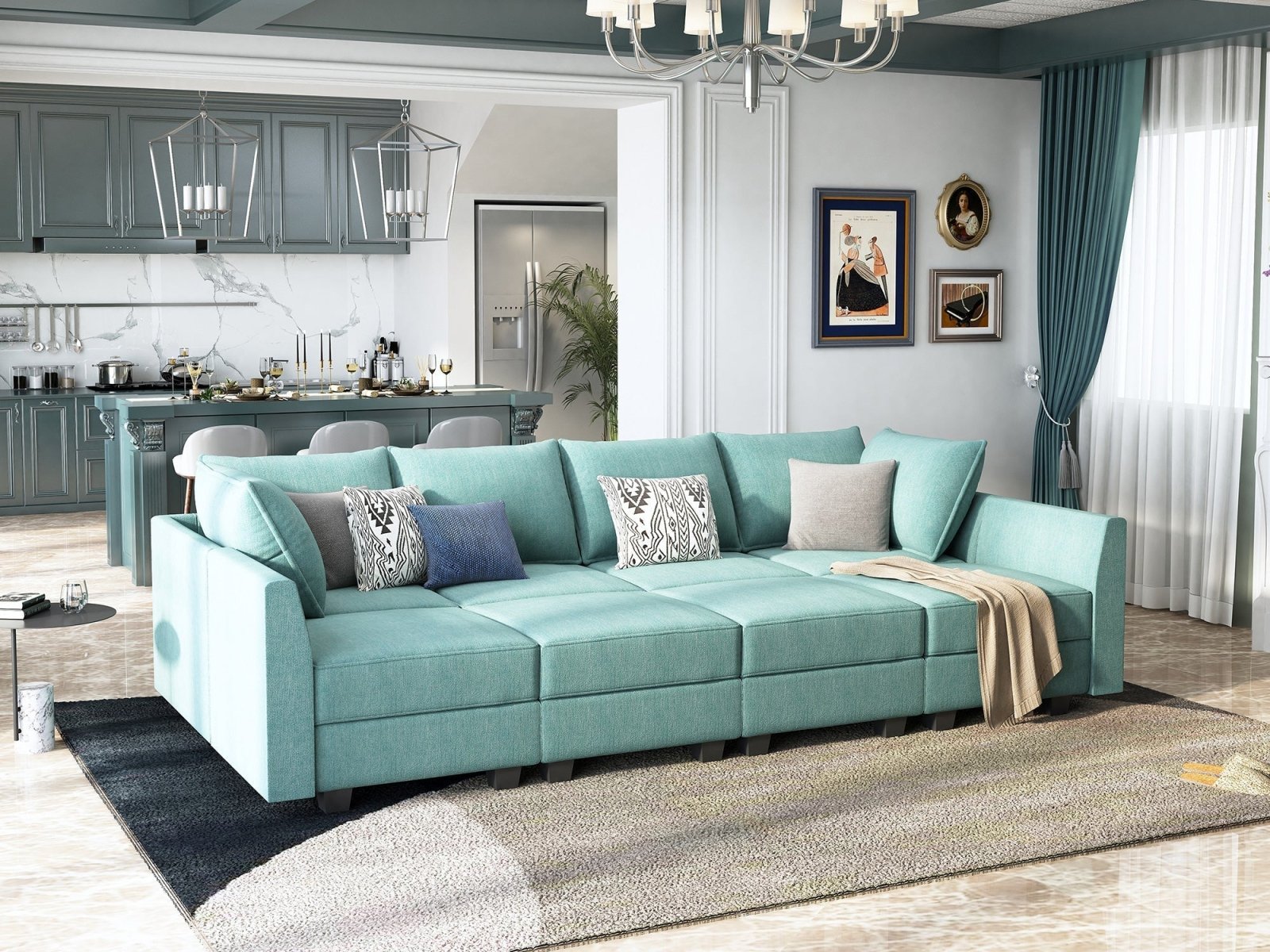HONBAY Polyester 112.6'' Wide 6-Seater Modular Sectional Sofa Bed Couch with Storage Ottoman#Color_Aqua Blue