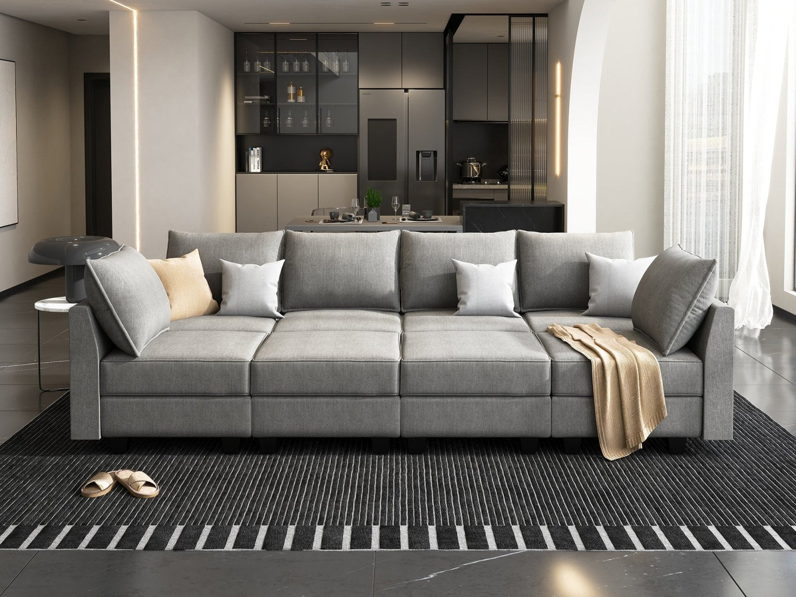 HONBAY Polyester 112.6'' Wide 6-Seater Modular Sectional Sofa Bed Couch with Storage Ottoman#Color_Grey