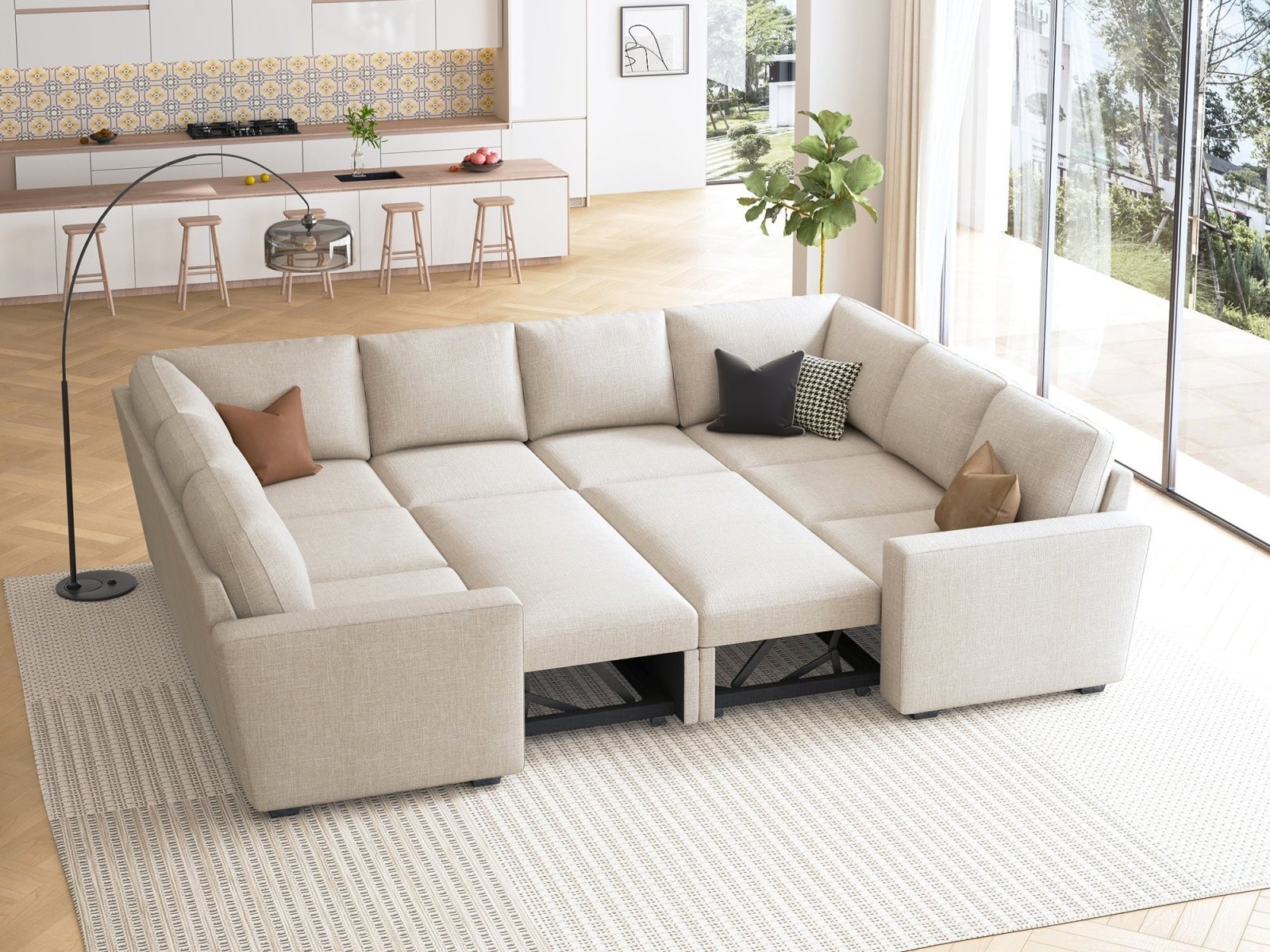 HONBAY Sleep Modular Sofa 8-Seat Sofa Bed with 2-Storage Space #Color_Beige
