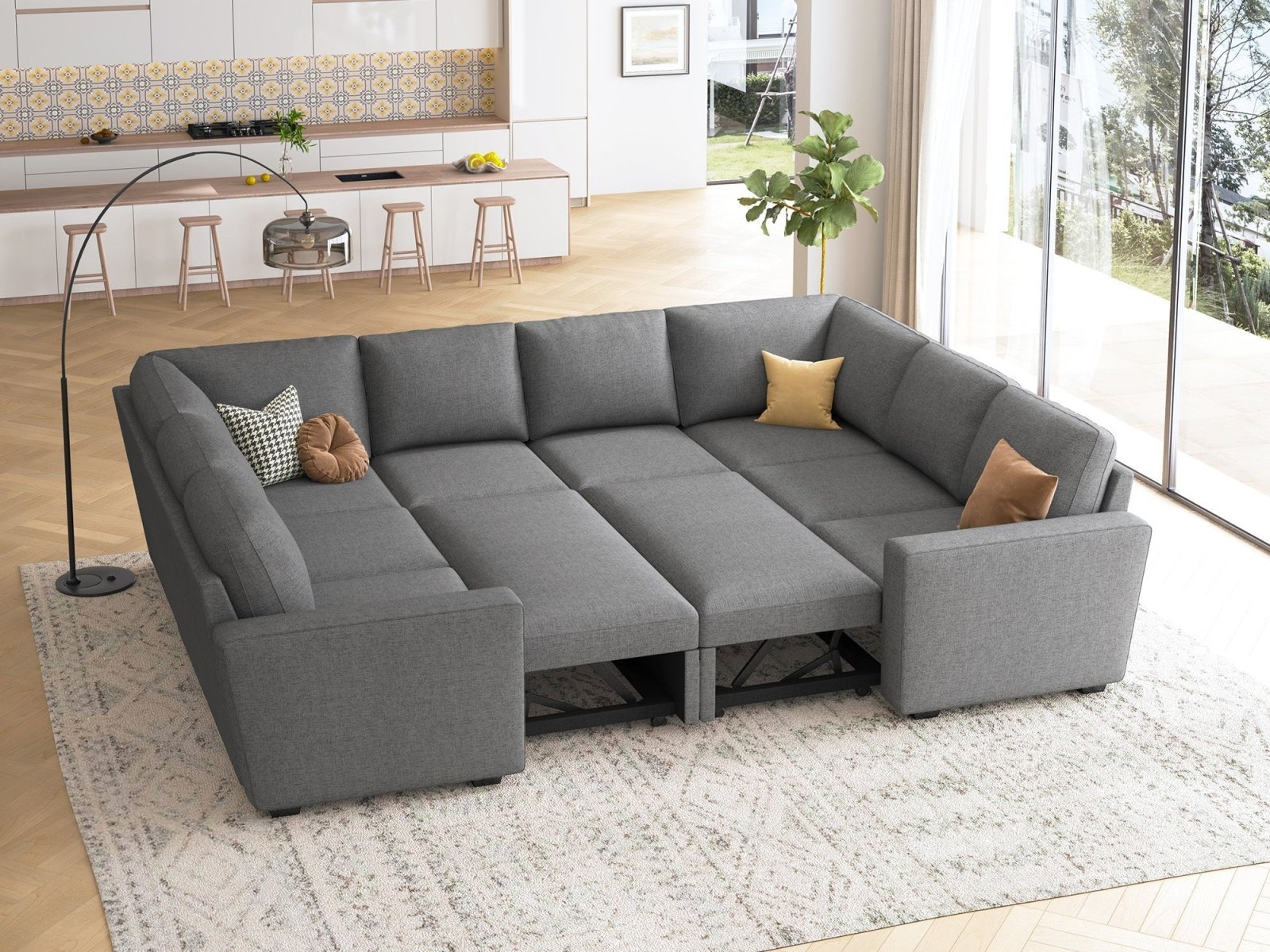 HONBAY Sleep Modular Sofa 8-Seat Sofa Bed with 2-Storage Space #Color_Dark Grey