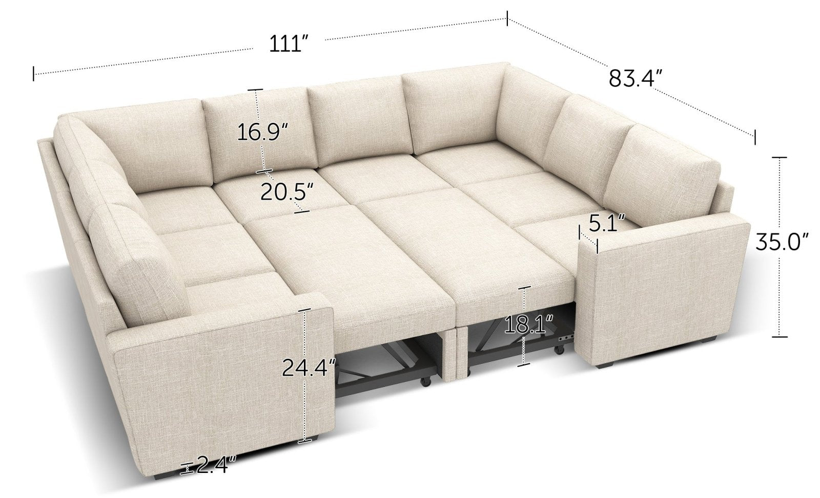 HONBAY Sleep Modular Sofa 8-Seat Sofa Bed with 2-Storage Space #Color_Beige