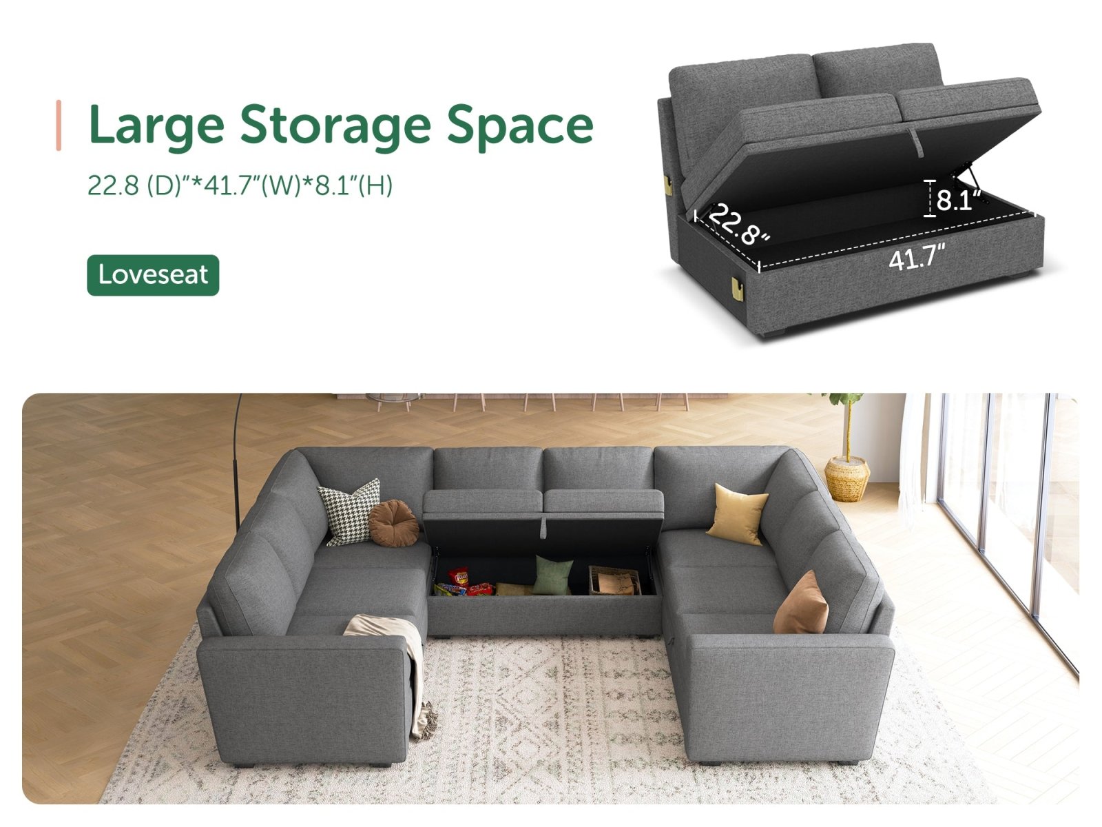 HONBAY Sleep Modular Sofa 8-Seat Sofa Bed with 2-Storage Space #Color_Dark Grey