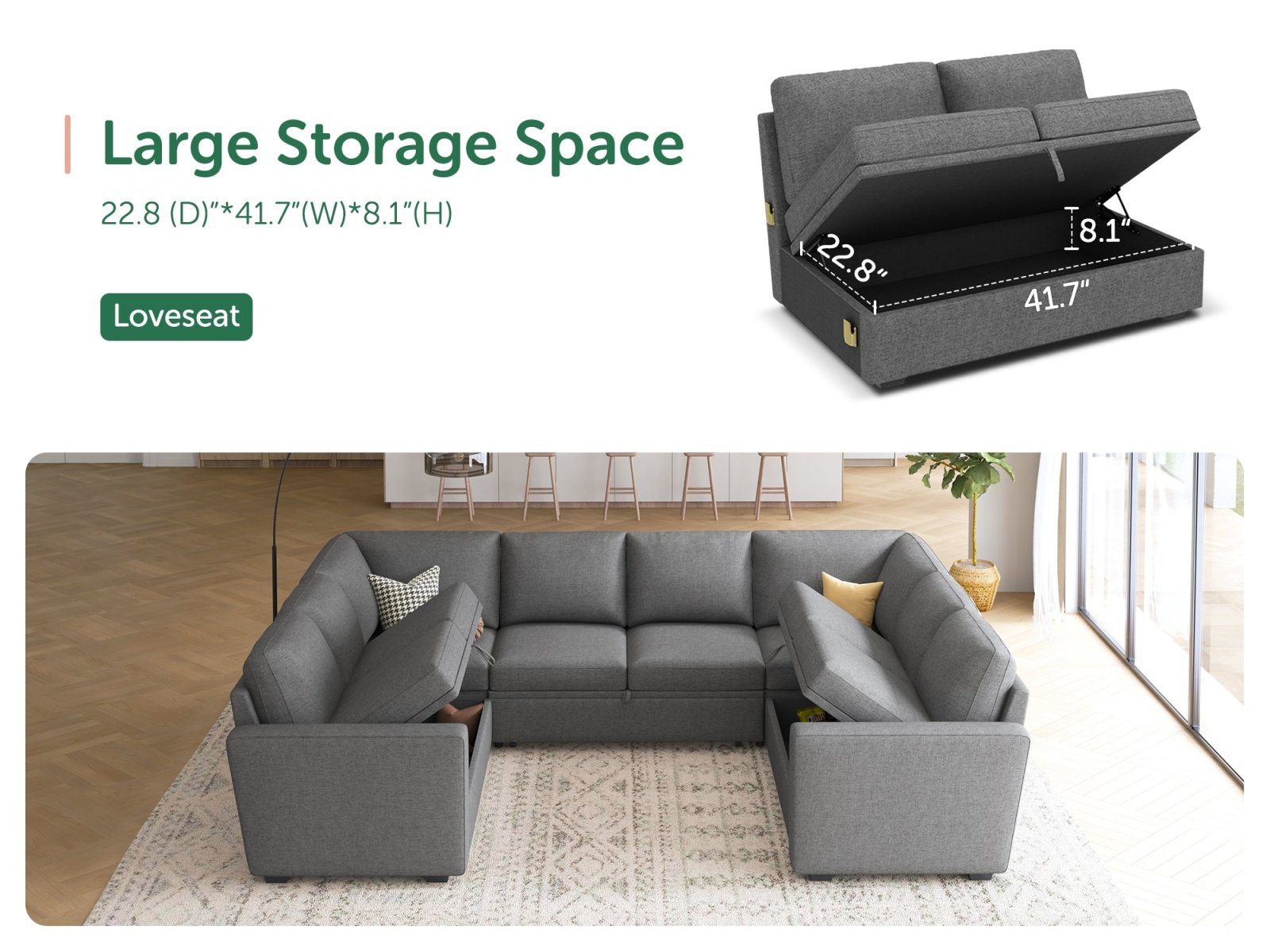 HONBAY 8-Piece Modular Sleeper Sectional With Storage Space #Color_Dark Grey