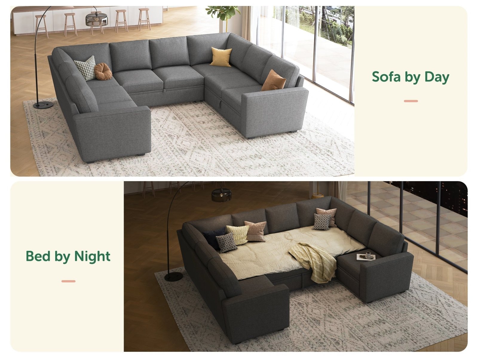 HONBAY 8-Piece Modular Sleeper Sectional With Storage Space #Color_Dark Grey