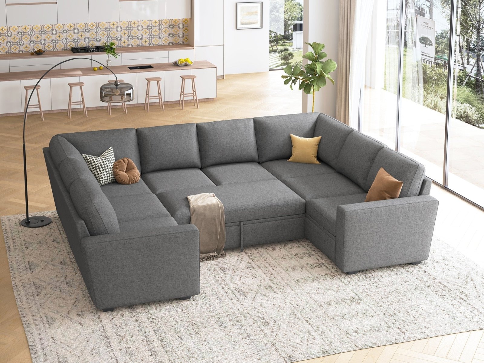 HONBAY 8-Piece Modular Sleeper Sectional With Storage Space #Color_Dark Grey