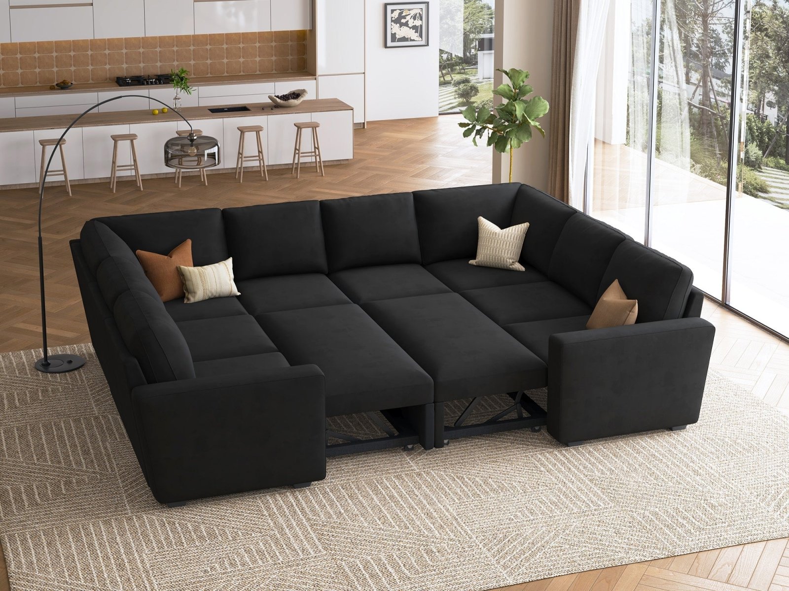 HONBAY 8-Piece Velvet Modular Sleeper Sectional With 2 Storage Spaces #Color_Black Style I