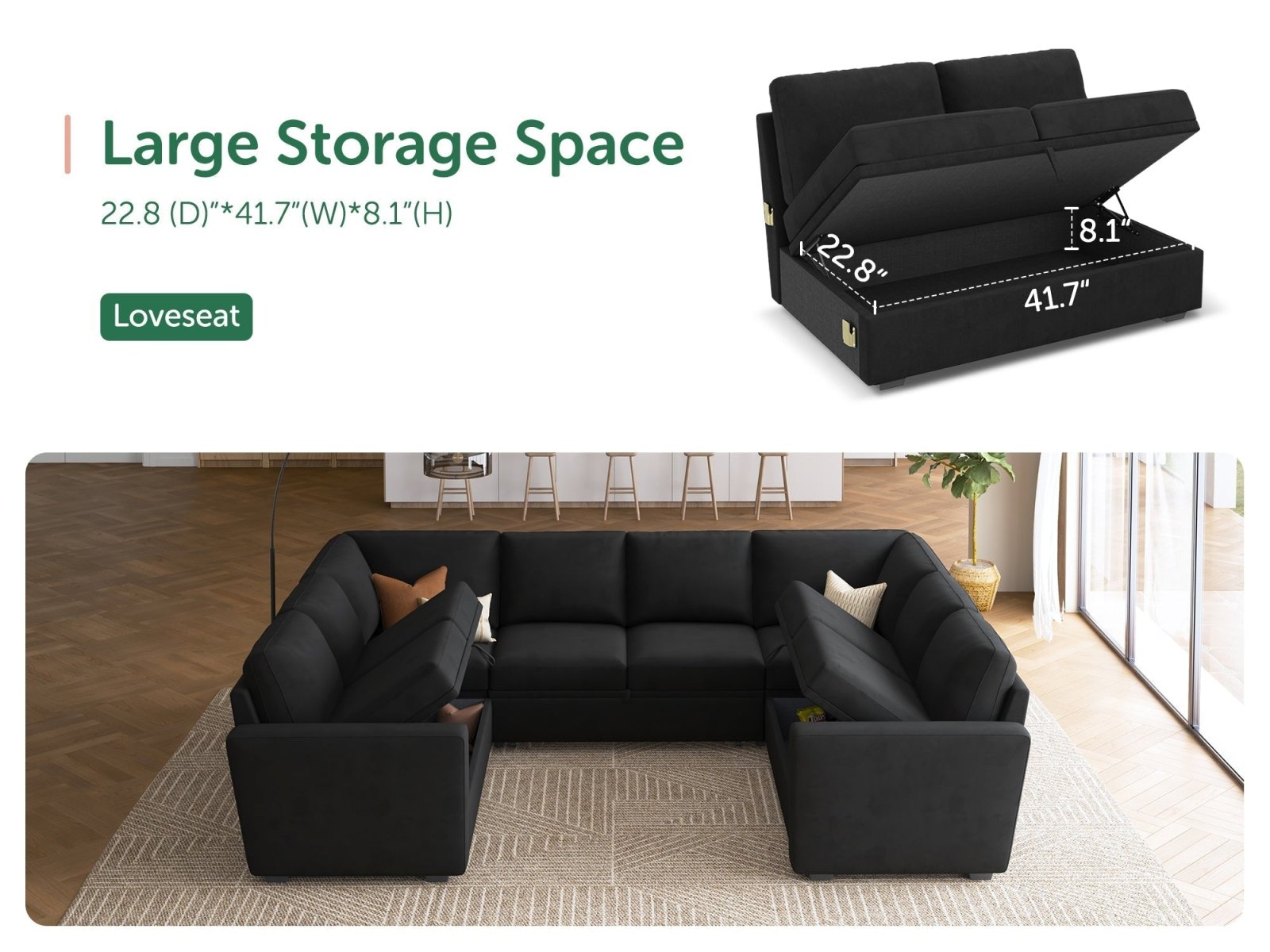 HONBAY 8-Piece Modular Sleeper Sectional With Storage Space #Color_Velvet Black