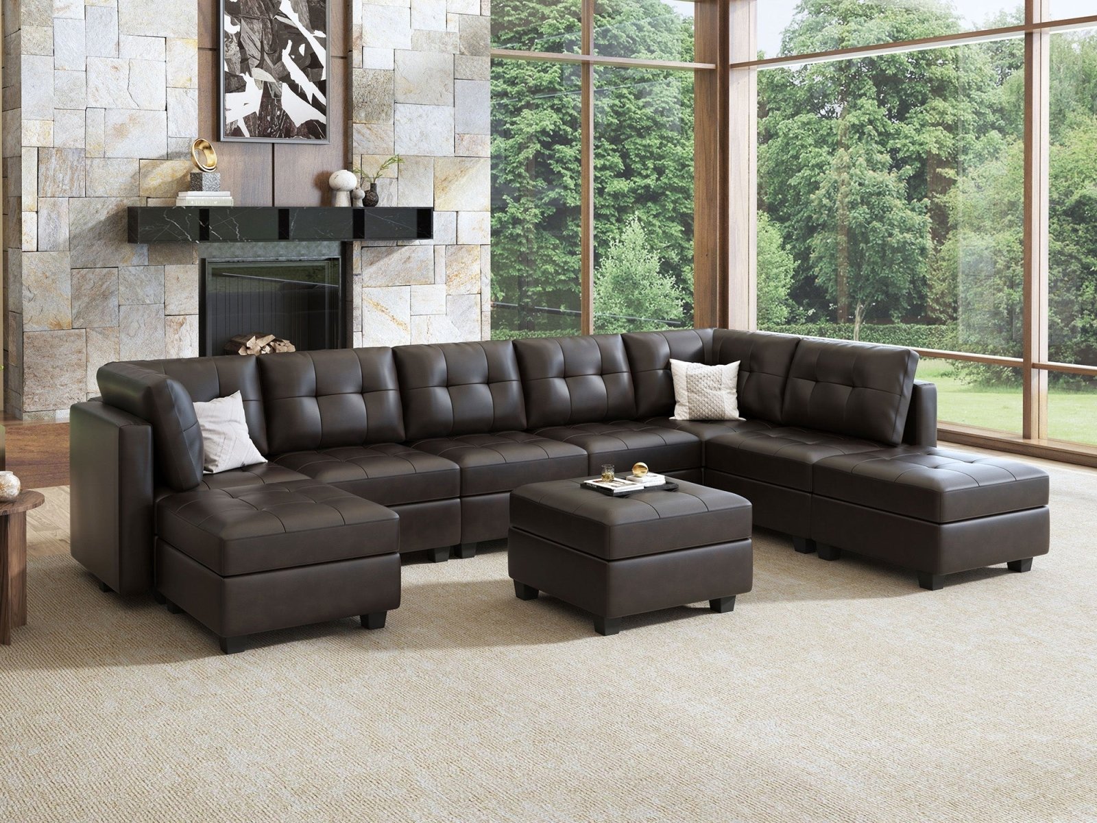 HONBAY 9-Piece Faux Leather Modular Sectional  Sofa With Storage Seat