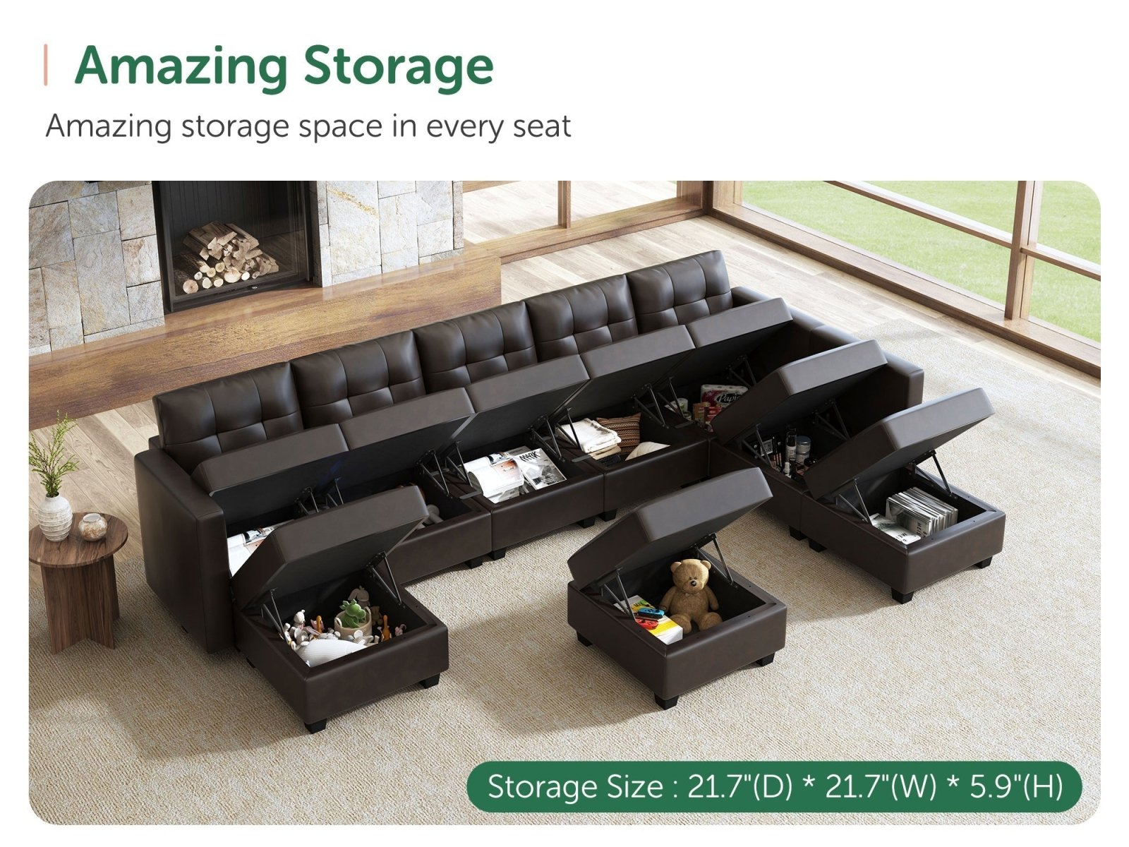 HONBAY 9-Piece Faux Leather Modular Sectional Sofa With Storage Seat