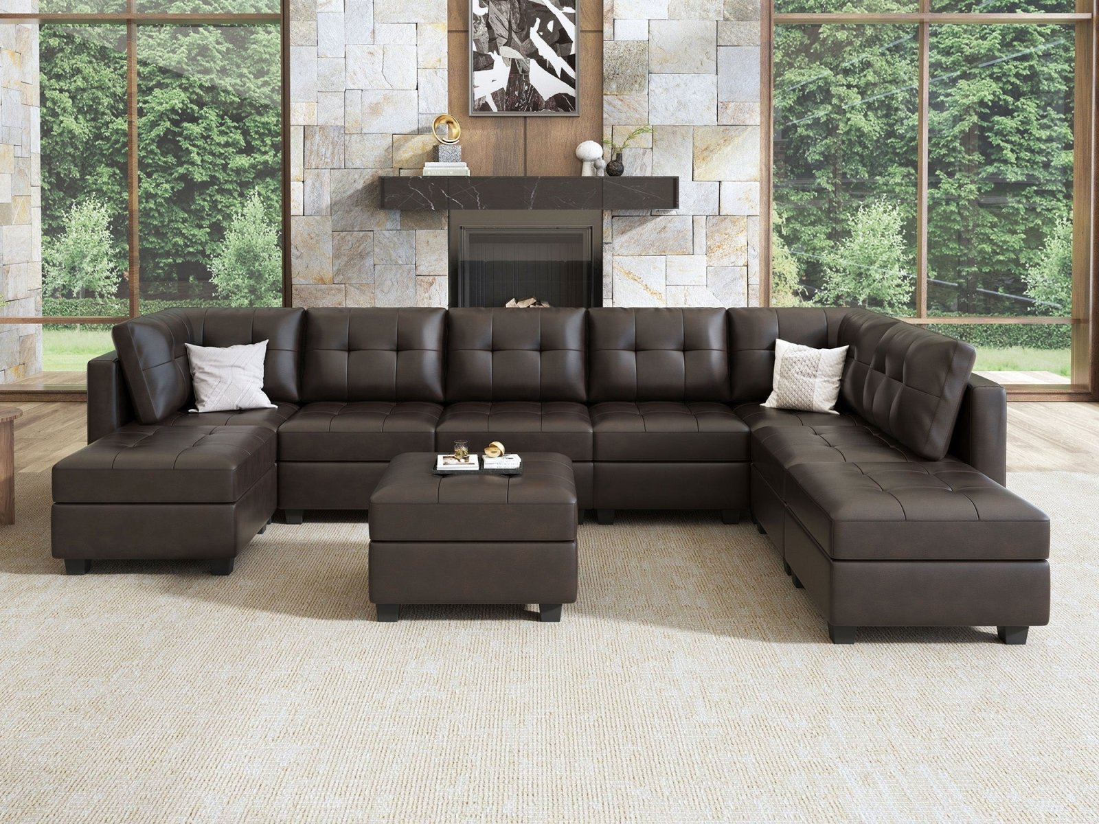 HONBAY 9-Piece Faux Leather Modular Sectional Sofa With Storage Seat
