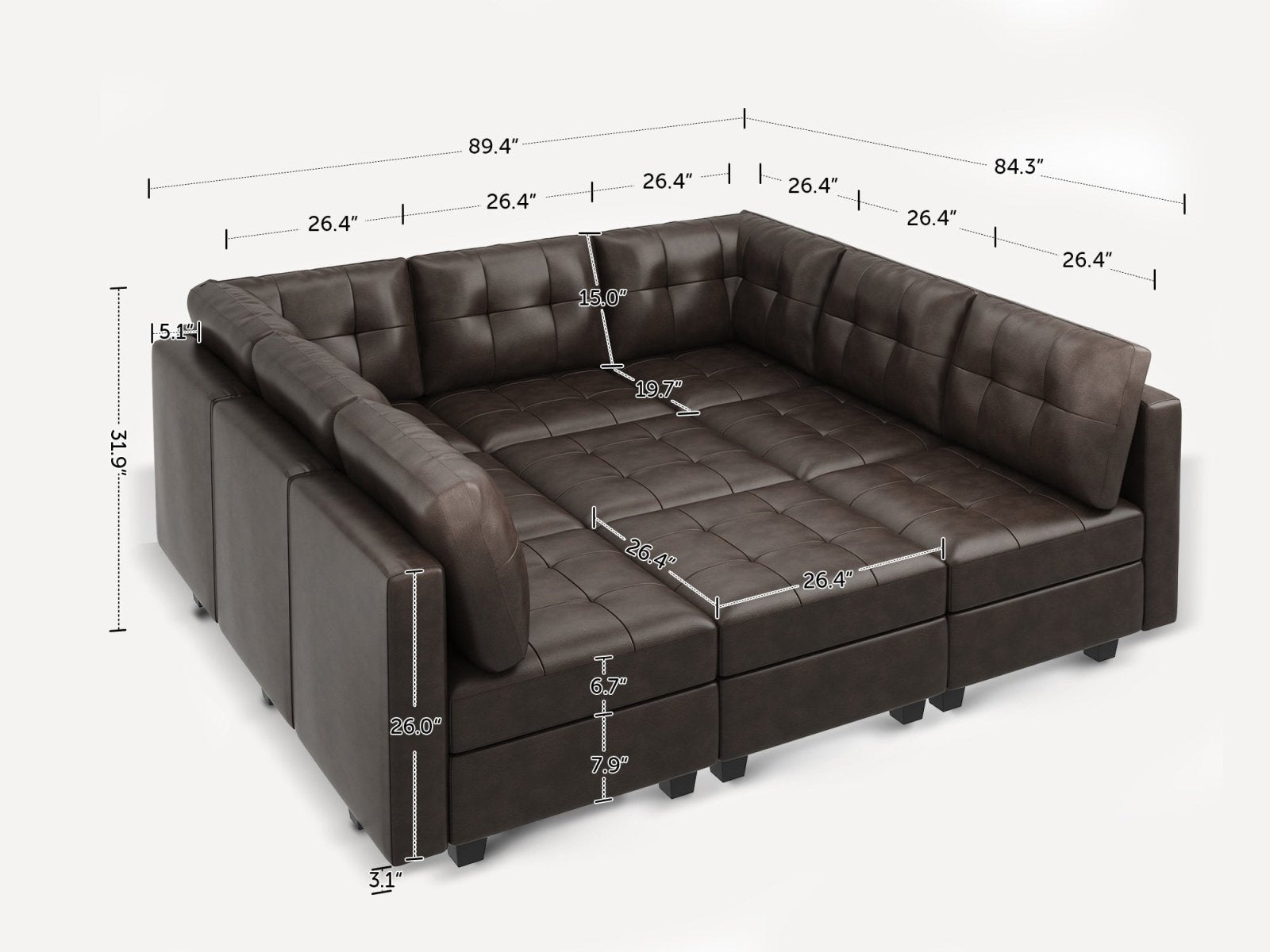 HONBAY 9-Piece Faux Leather Modular Sleeper Sectional With Storage Seat With DImensions