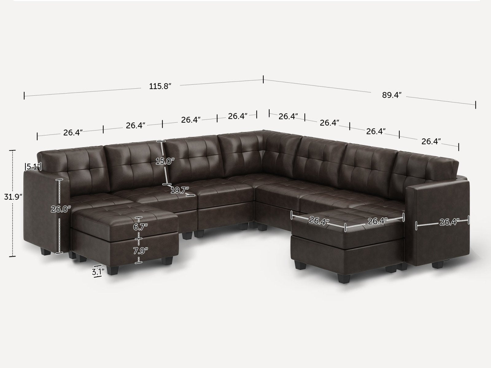 HONBAY 9-Piece Faux Leather Modular Sleeper Sectional Sofa With Storage Seat